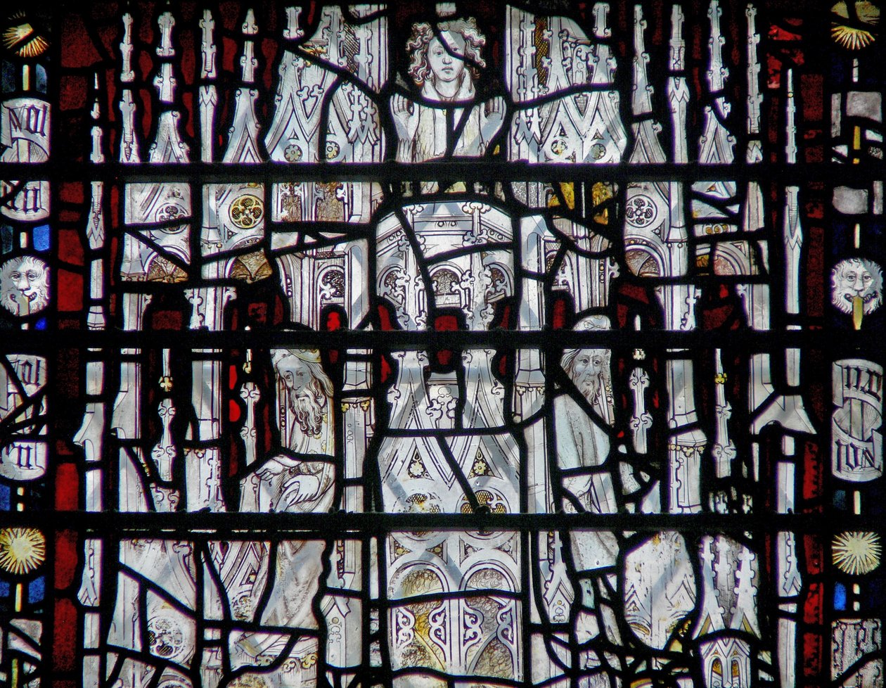 Window depicting a canopy with figures by English School