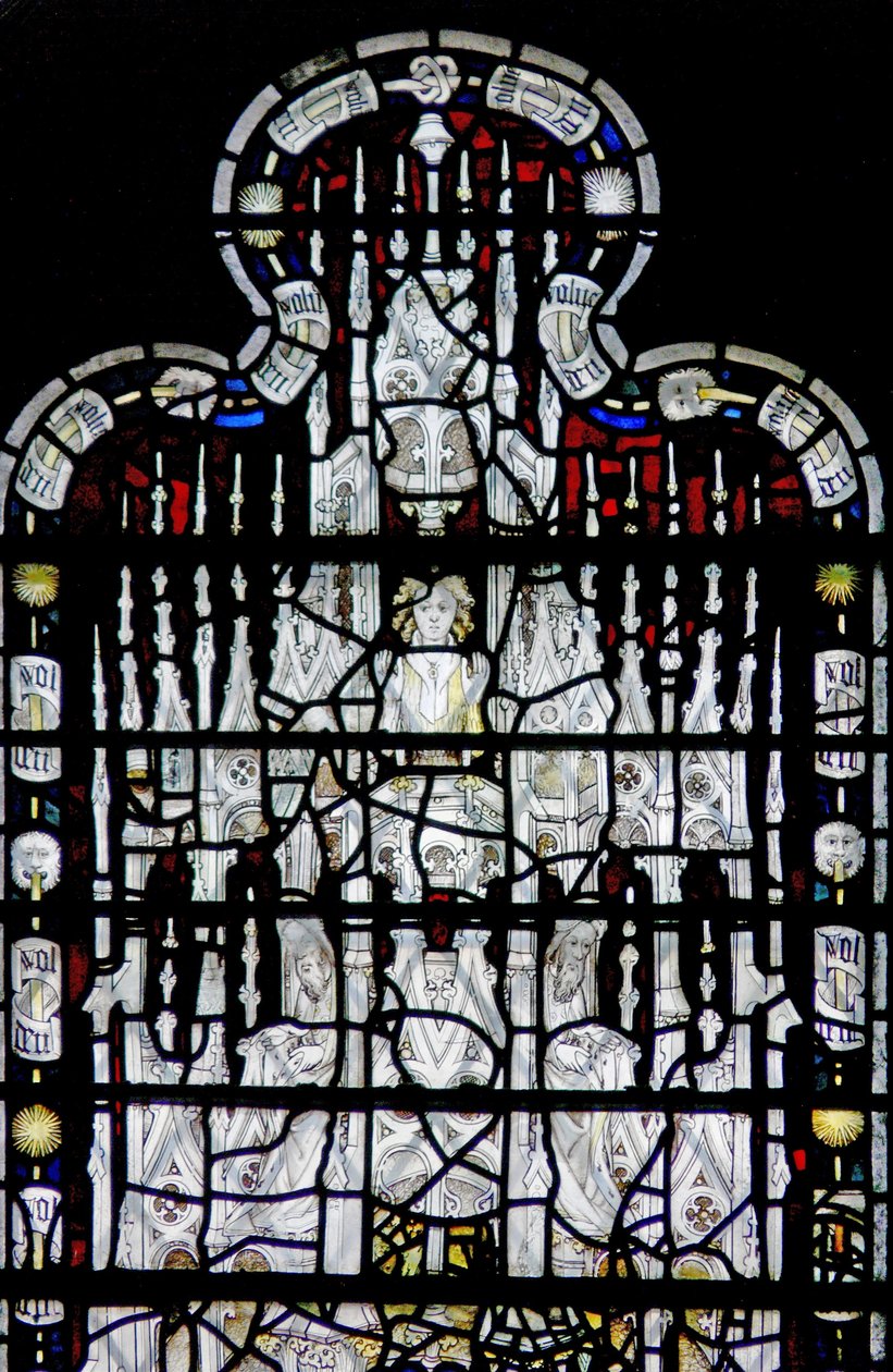 Window depicting a canopy with figures by English School