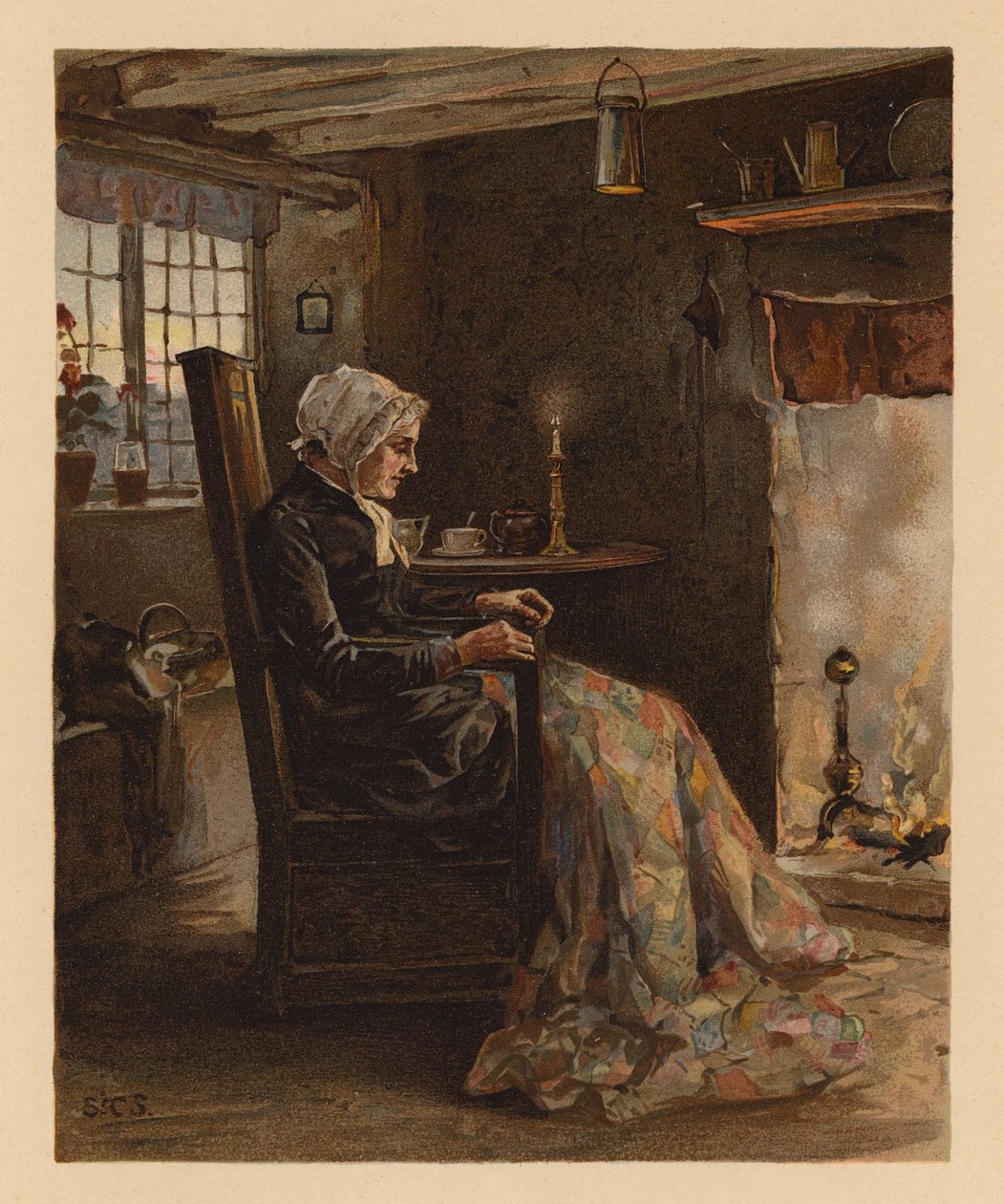 Woman sewing a patchwork quilt by English School