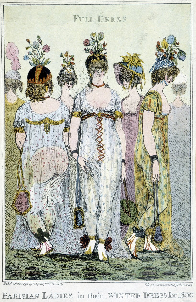 Wonderful: Parisian women in their winter dresses for 1800, English cartoon by English School