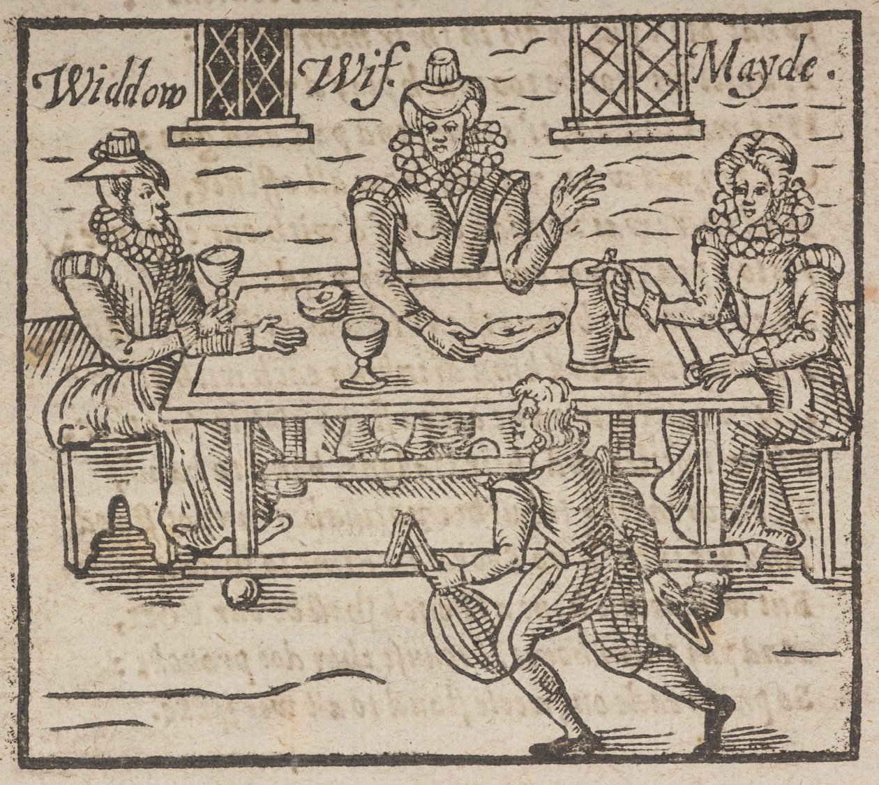 Woodcut showing women sitting around a table, A widow, wife and maid by English School