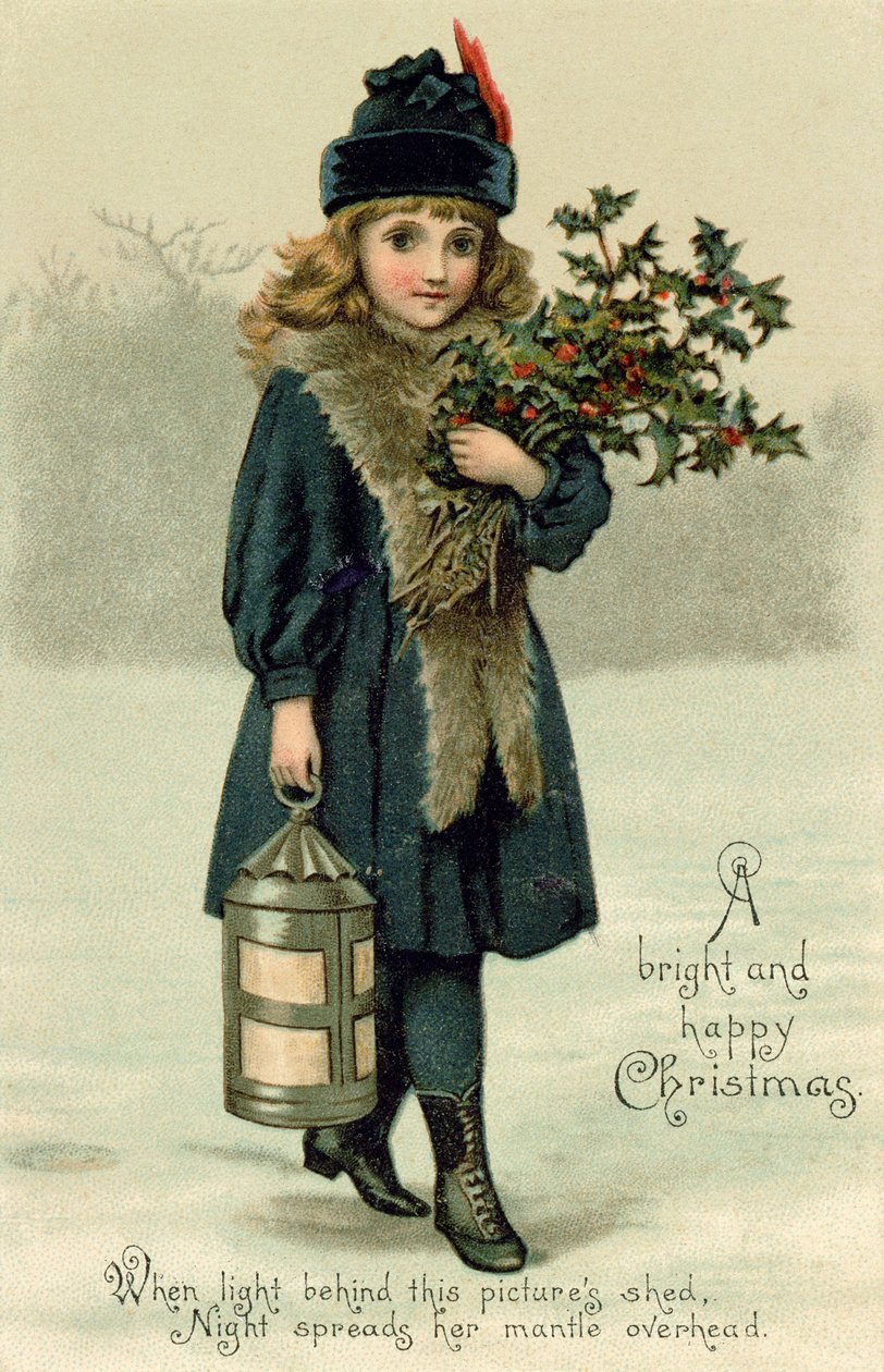Young girl with Holly and Lantern, postcard by English School
