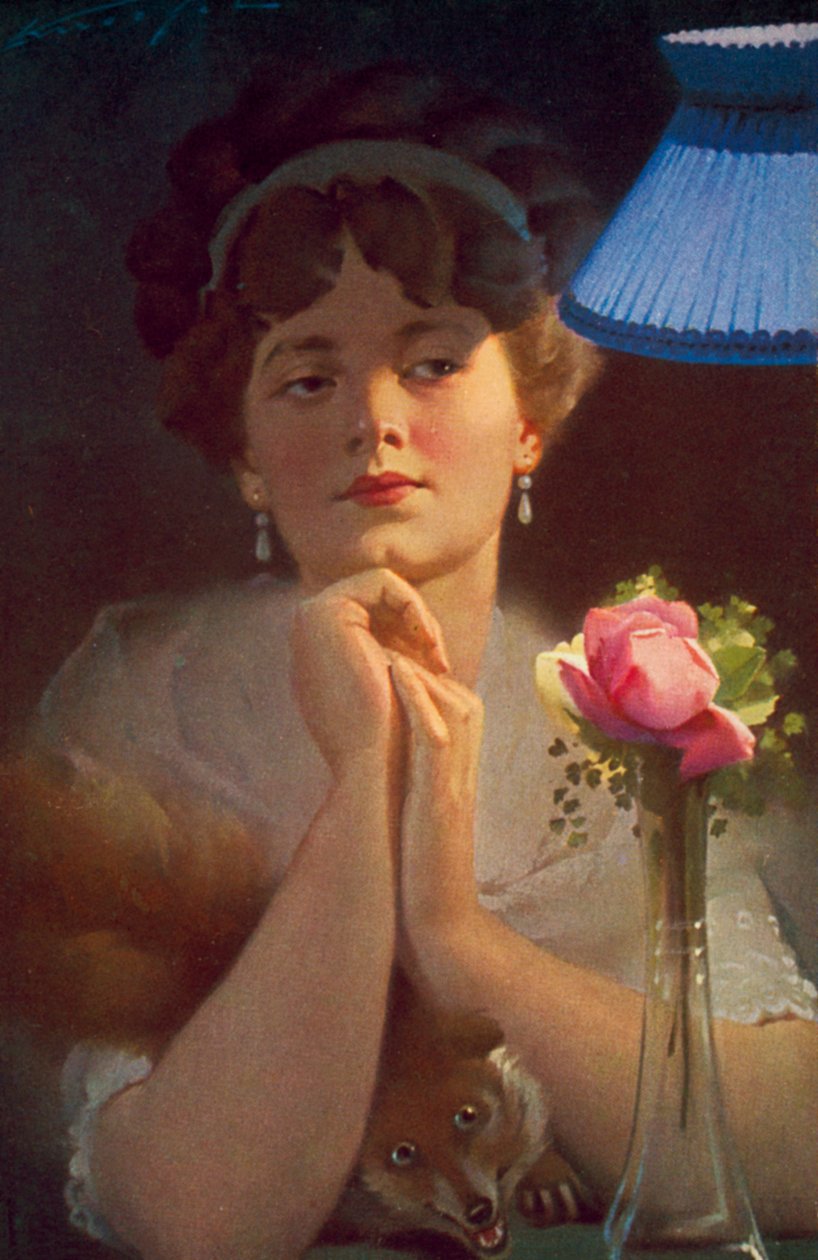 Young woman and a fox under lamplight by English School
