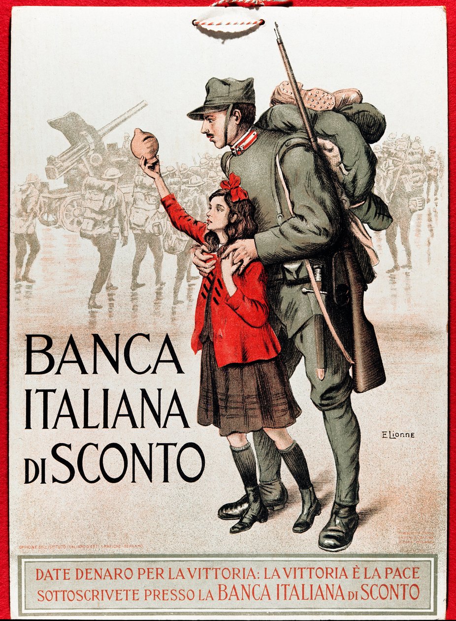 First World War: Italian poster encouraging a national loan representing a soldier with a little girl offering his lira. Illustration by Enrico della Leonessa (Lioness) (1875-1921) by Enrico della Lionne