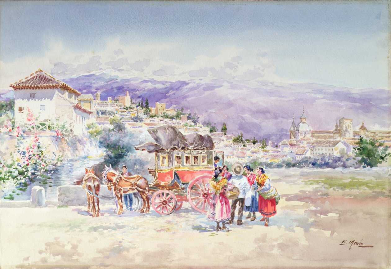 Travellers Descending from a Stagecoach by Enrique Marin Higuero