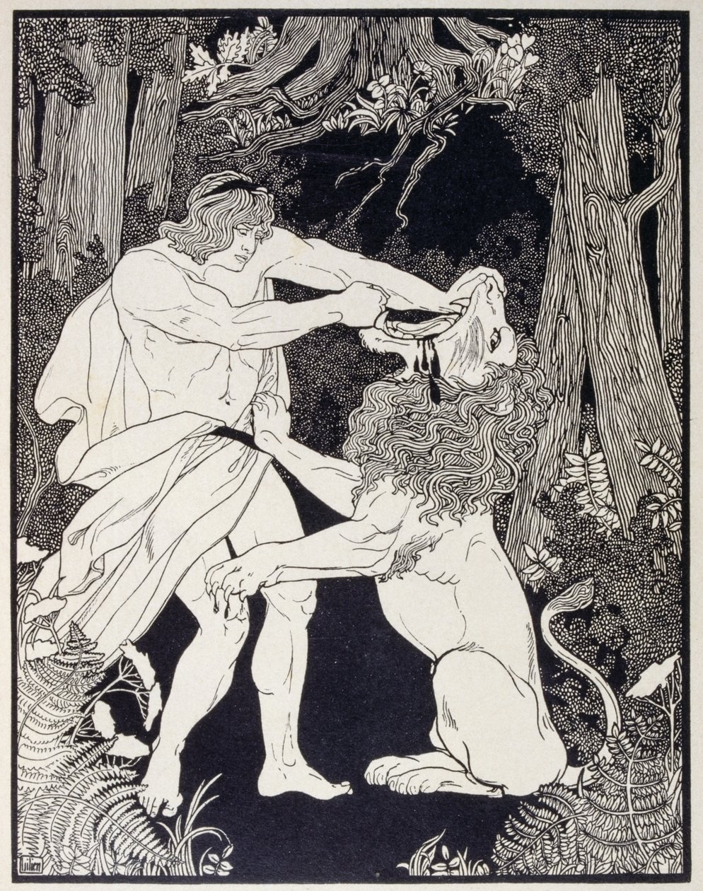 Drawing of Samson fighting a lion (engraving) by Ephraim Moses Lilien
