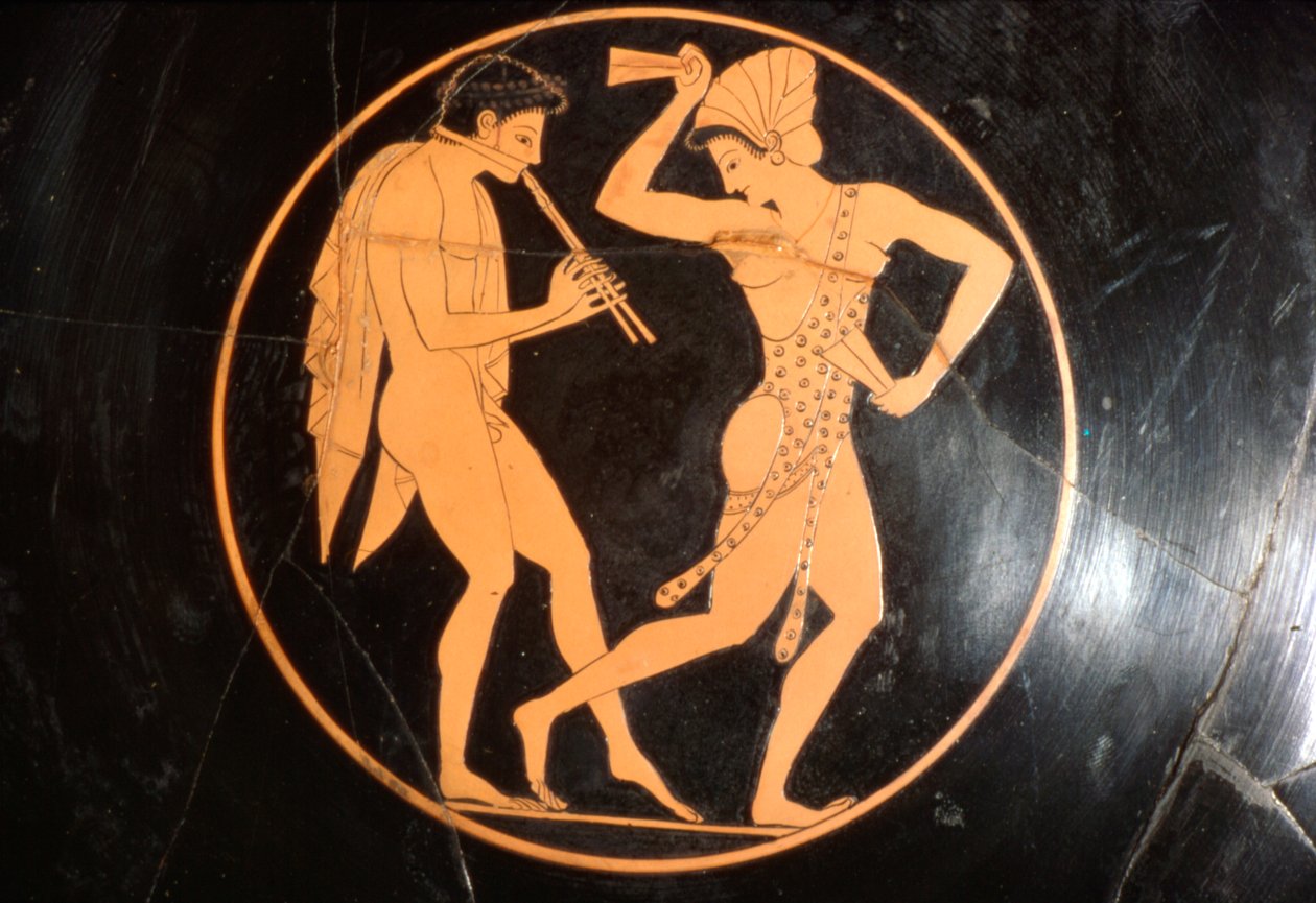 Drinking Cup, Kylix of Girl Dancing with Youth Playing Flute, Attic, c. 510 BC by Epikektos