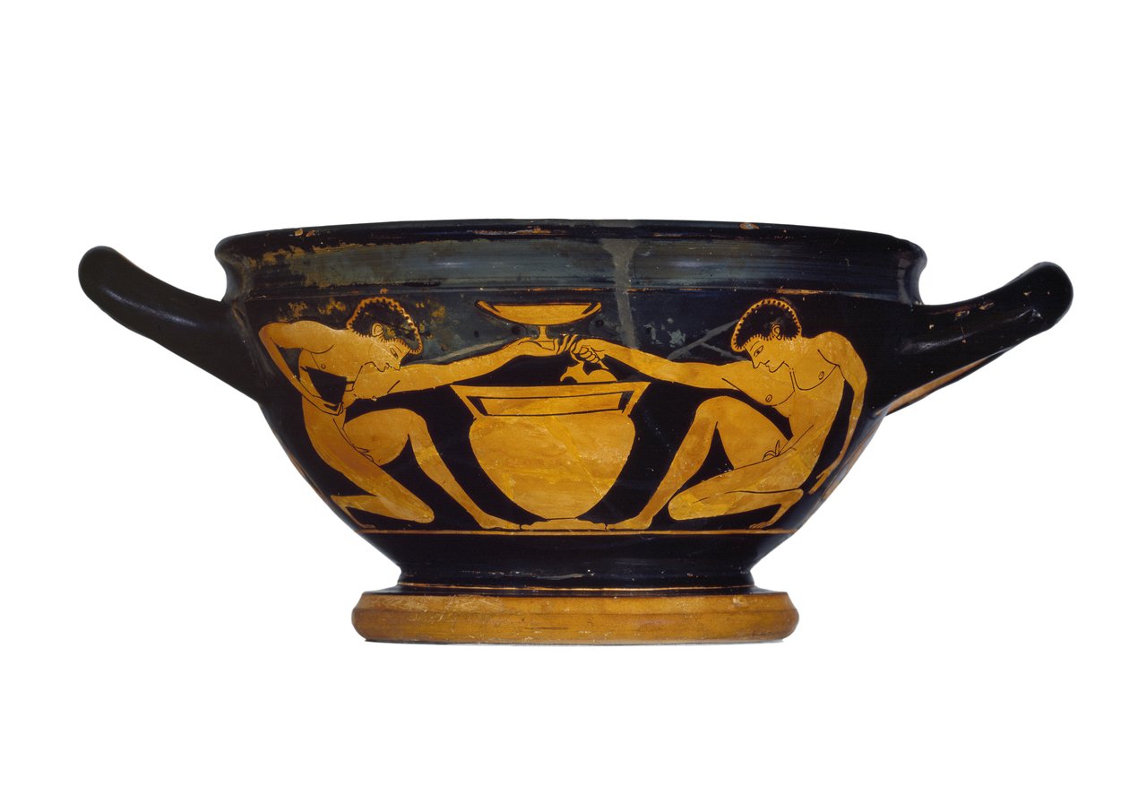 Attic red-figure cup-skyphos, decorated with two naked youths kneeling by a column-crater, c.520-500 BC by Epiktetos