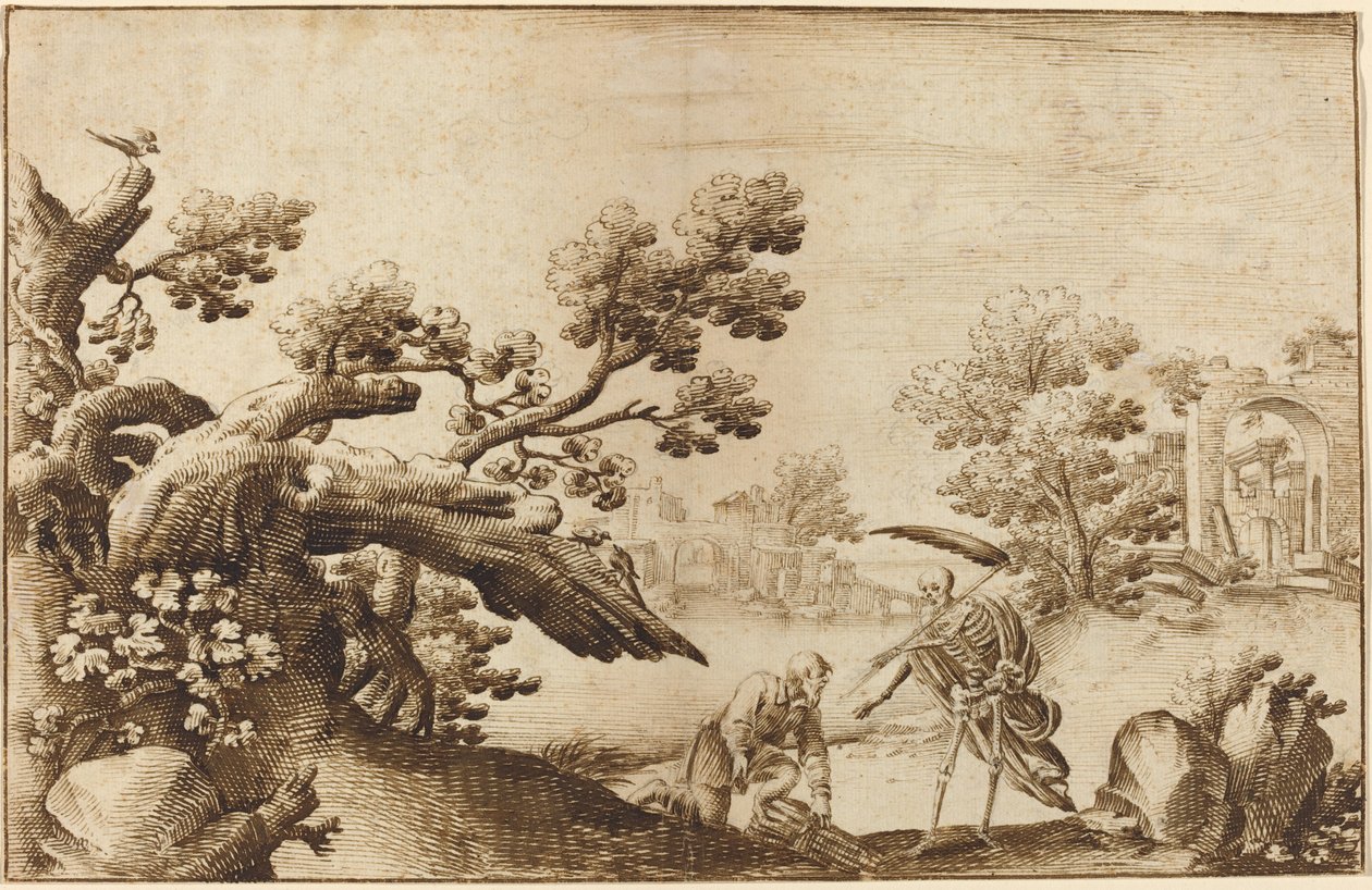 Death and the Woodman in a Coastal Landscape with Ruins by Ercole Bazicaluva