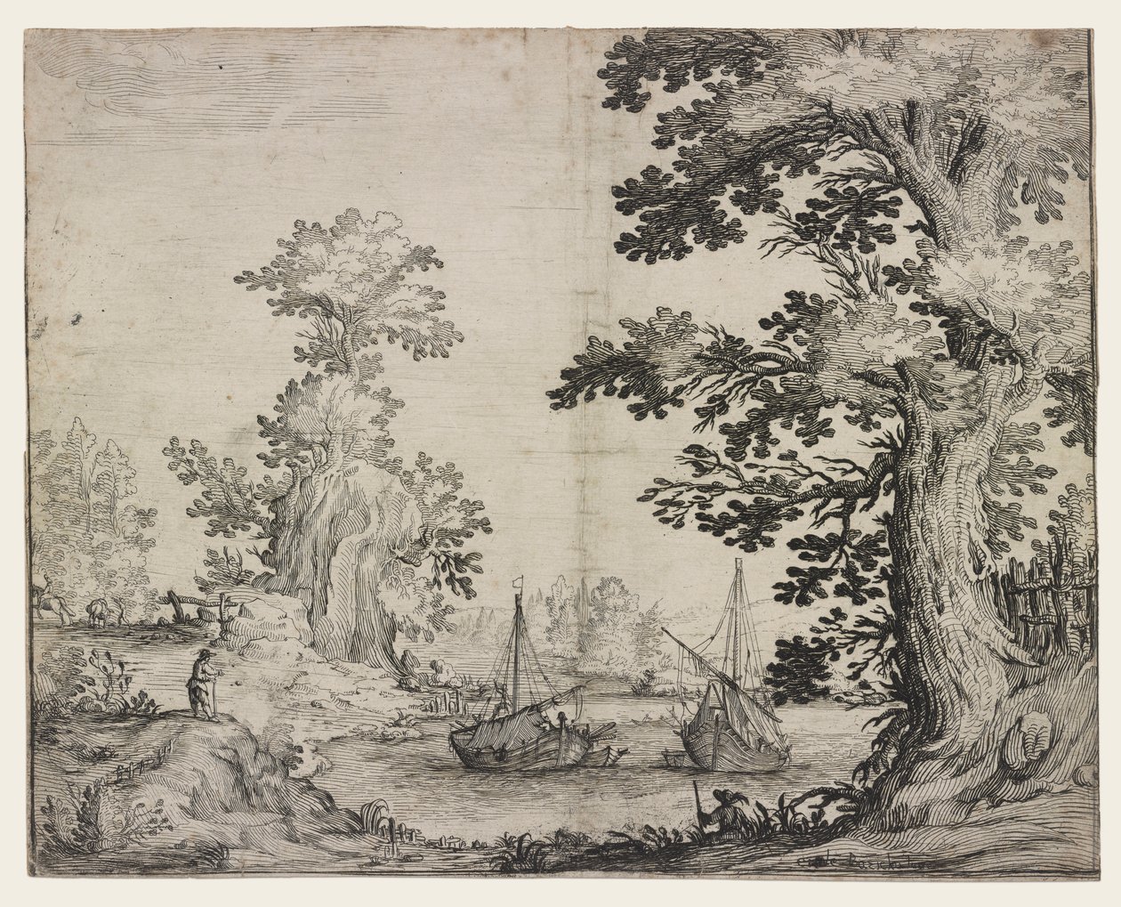 Landscape with a River Between Trees and Hills, Two Ships in the Center by Ercole Bazzicaluva