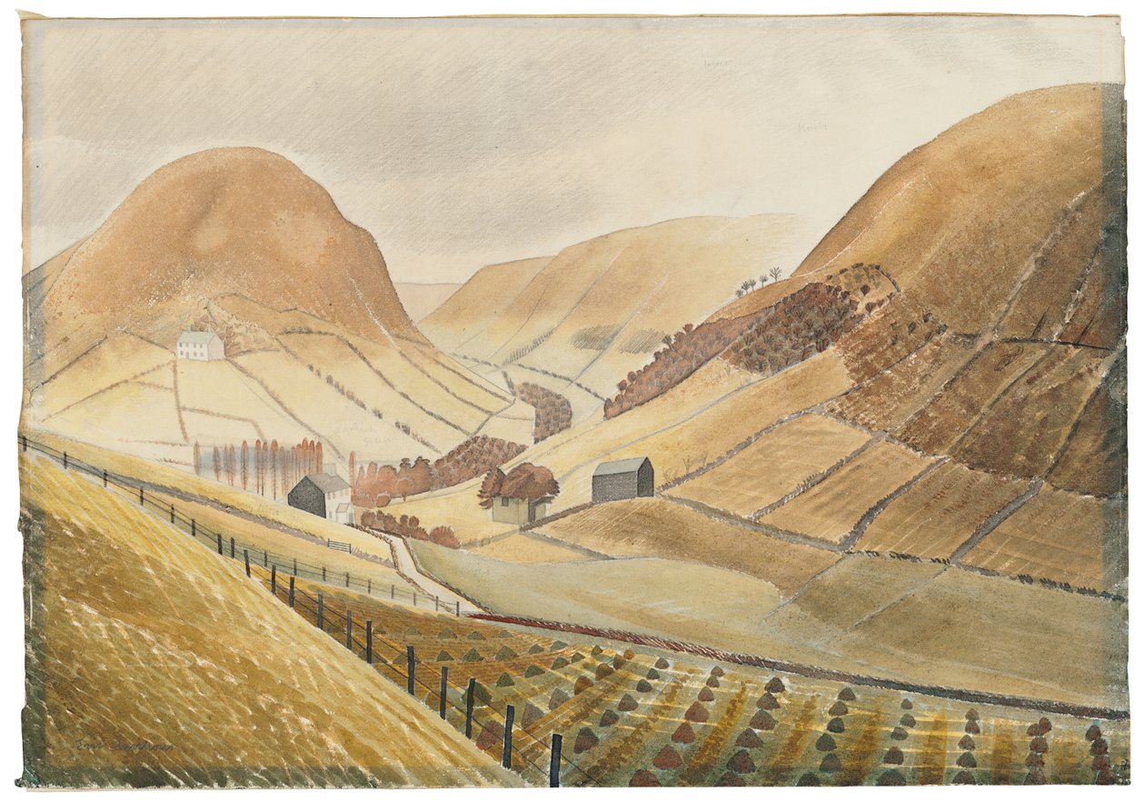 Corn Stooks and Farmsteads - Hill Farm, Capel-y-ffin, Wales by Eric Ravilious