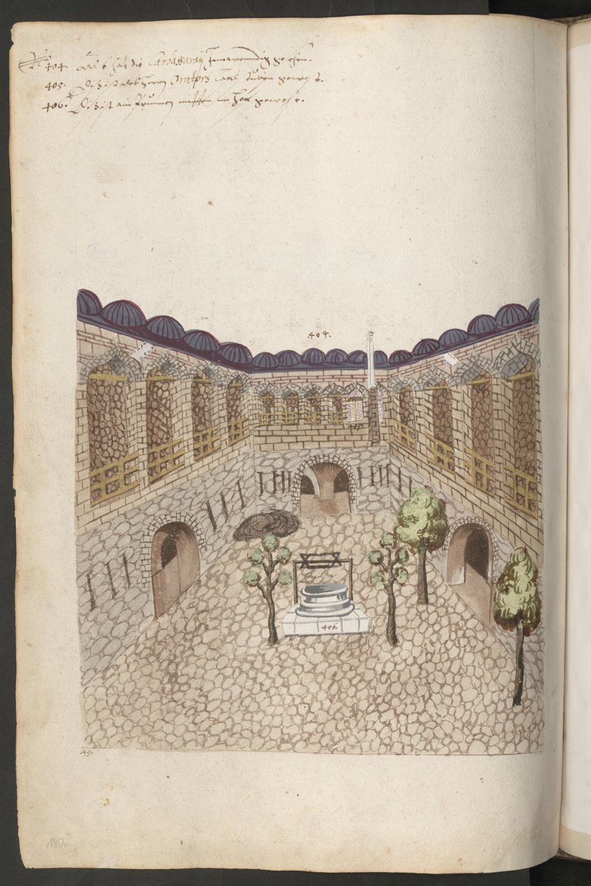 Buildings in Constantinople: Inner Court of a Large Caravanserai with Trees, a Well, and Side-Entrances to the Stables by Erich Lessing