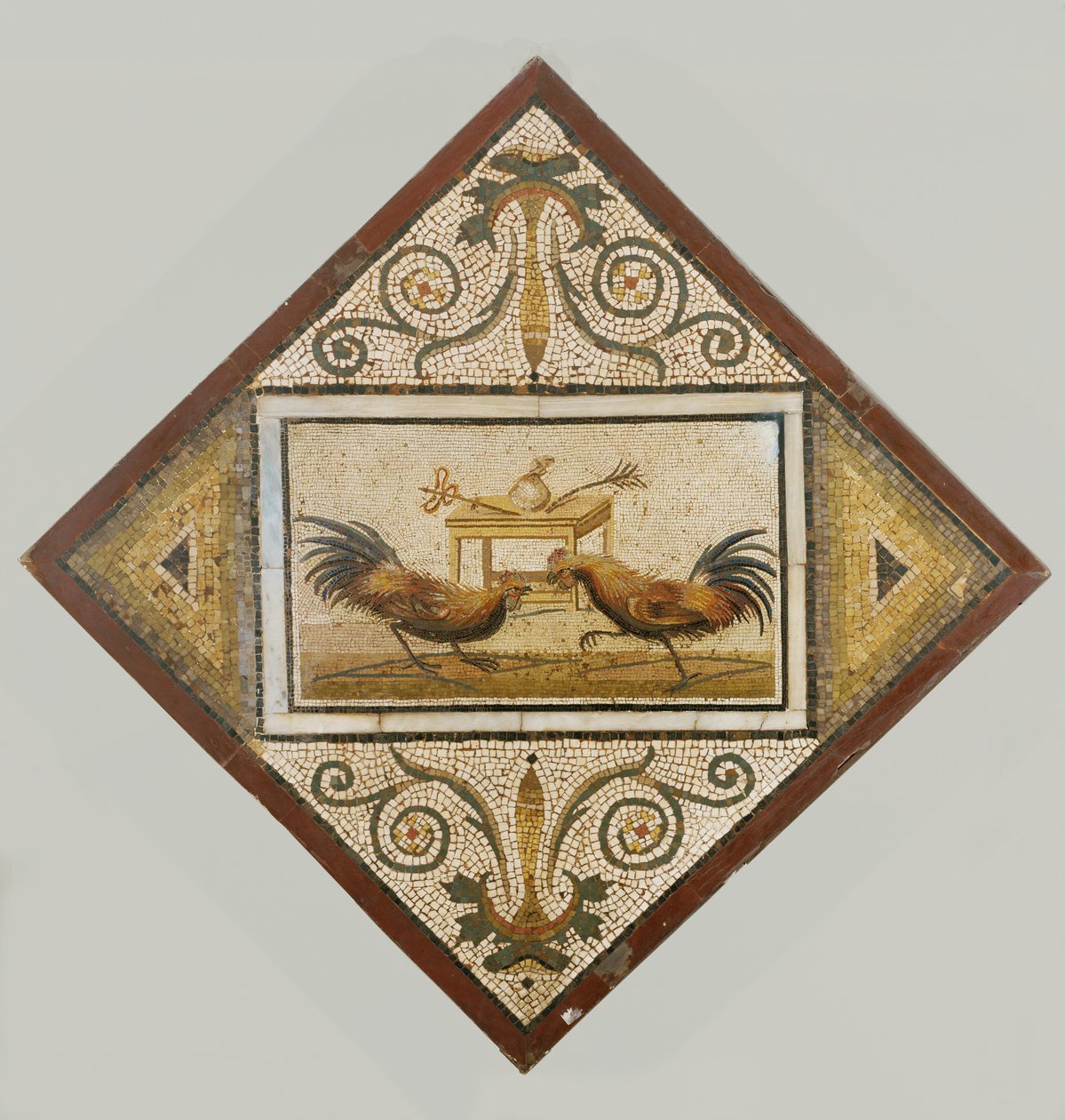 Cocks fighting in front of a small table by Erich Lessing