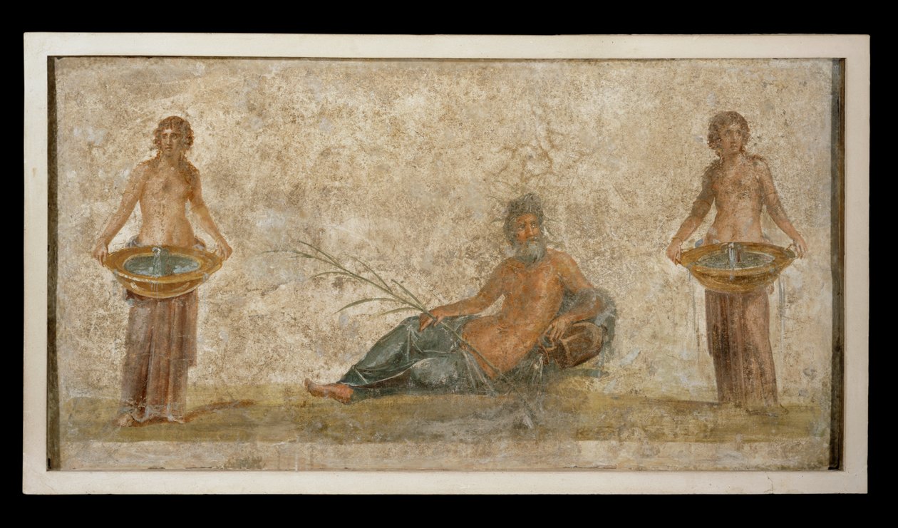 Fragment of a wall painting: God with flowers by Erich Lessing