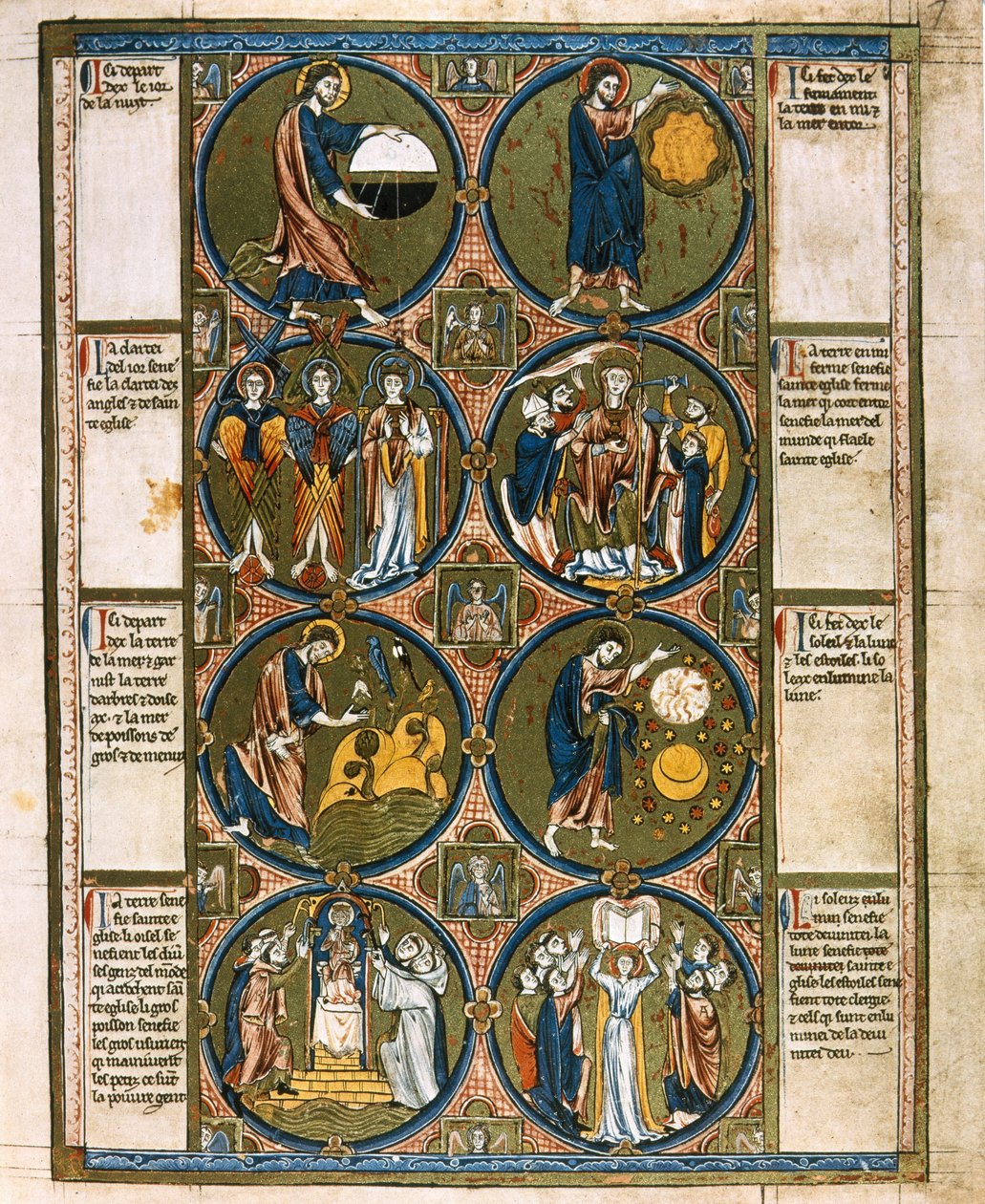 Full page: eight medallions with text: The Creation of the World, c.1225-1250 by Erich Lessing