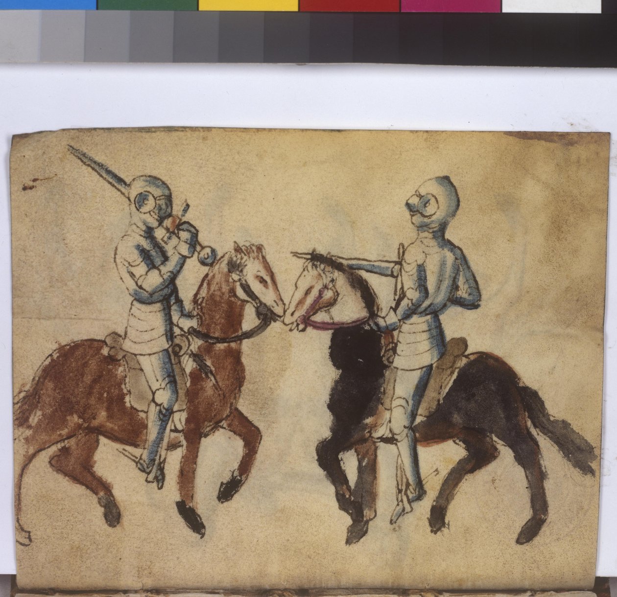 Full page: fencing scene on horseback, mid 15th century by Erich Lessing