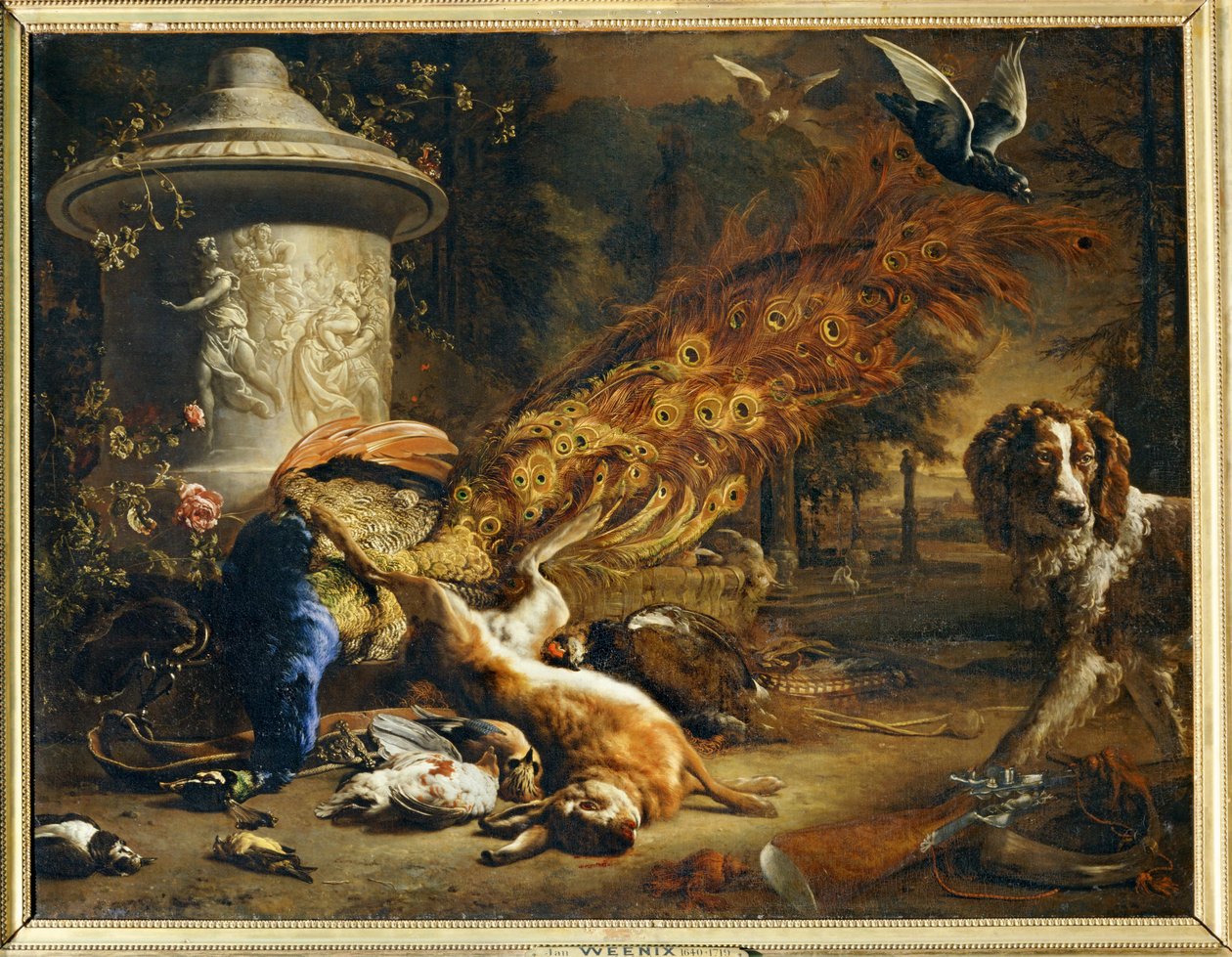 Still life with peacock and dog by Erich Lessing