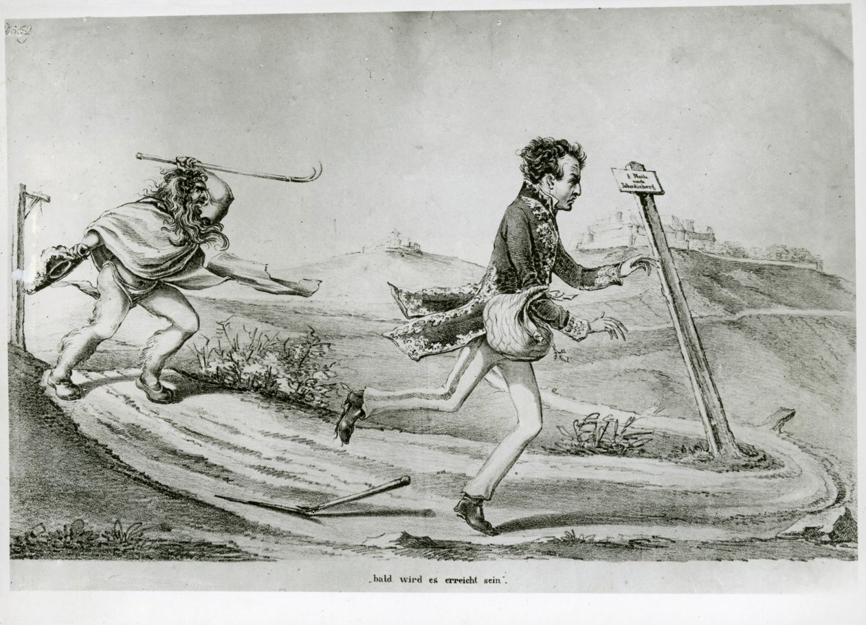 "Soon I shall be there" caricature on the flight of Prince Metternich by Erich Lessing