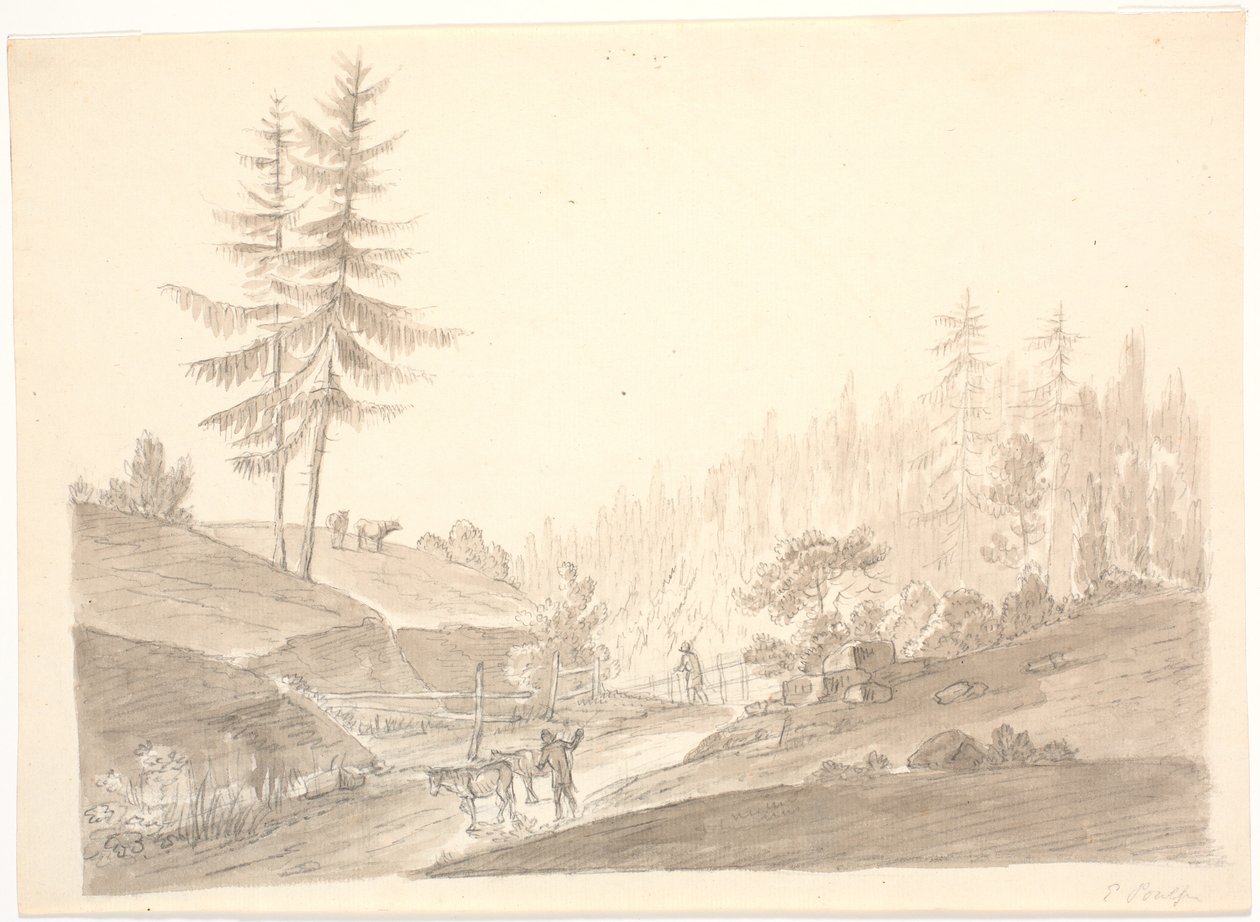 Norwegian Mountain Landscape with Cattle and Two Men by Erik Pauelsen