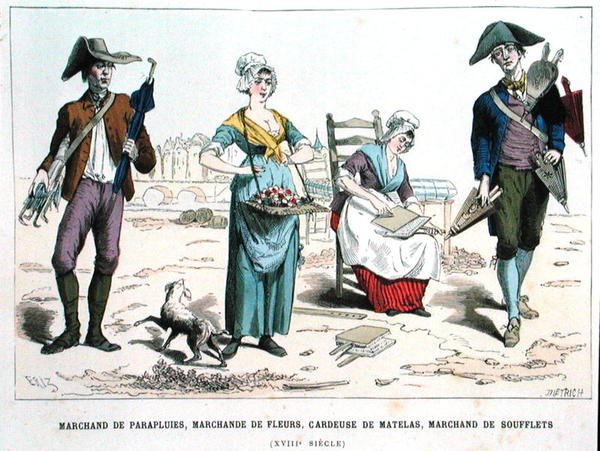 Umbrella Seller, Flower Seller, Mattress Wool Carder and Bellows Seller in the Eighteenth Century, from 