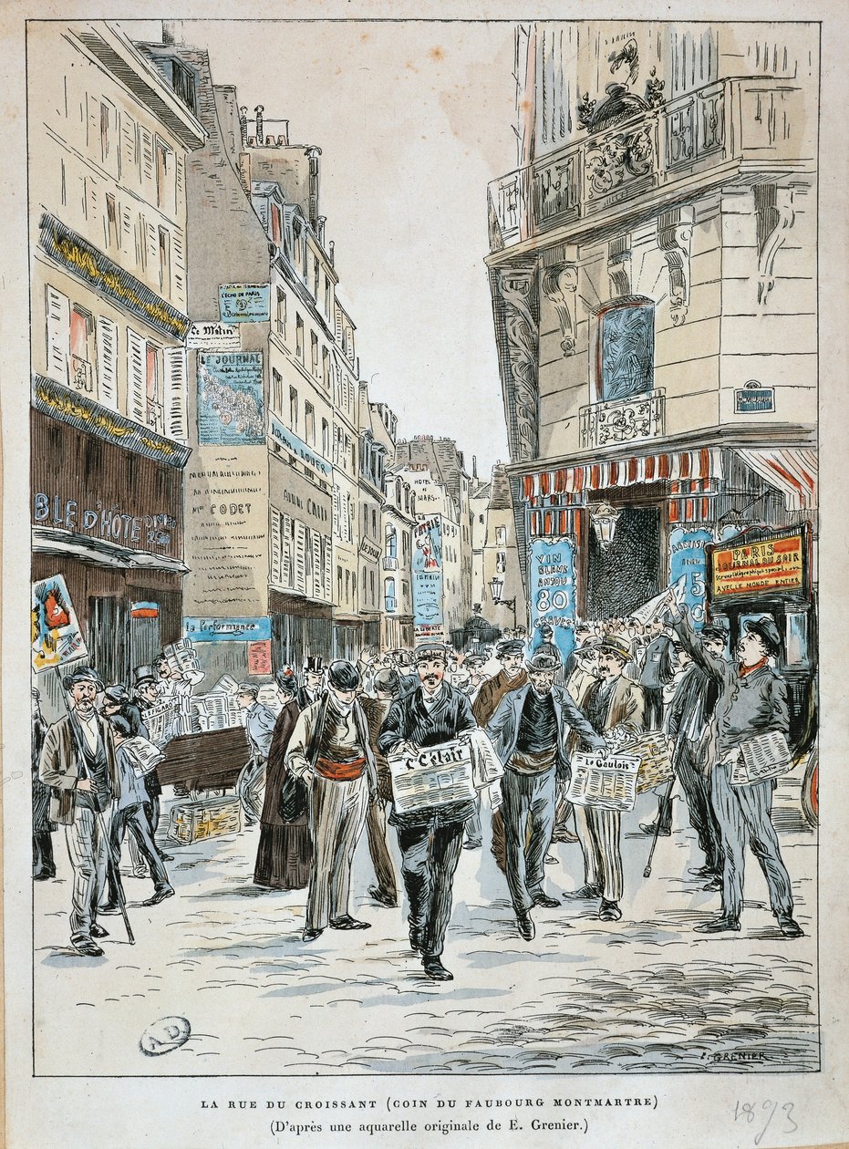 France, Paris, Newspaper vendor in rue du Croissant on corner of rue du Faubourg Montmartre in Paris by Ernest Grenier by Ernest (after) Grenier