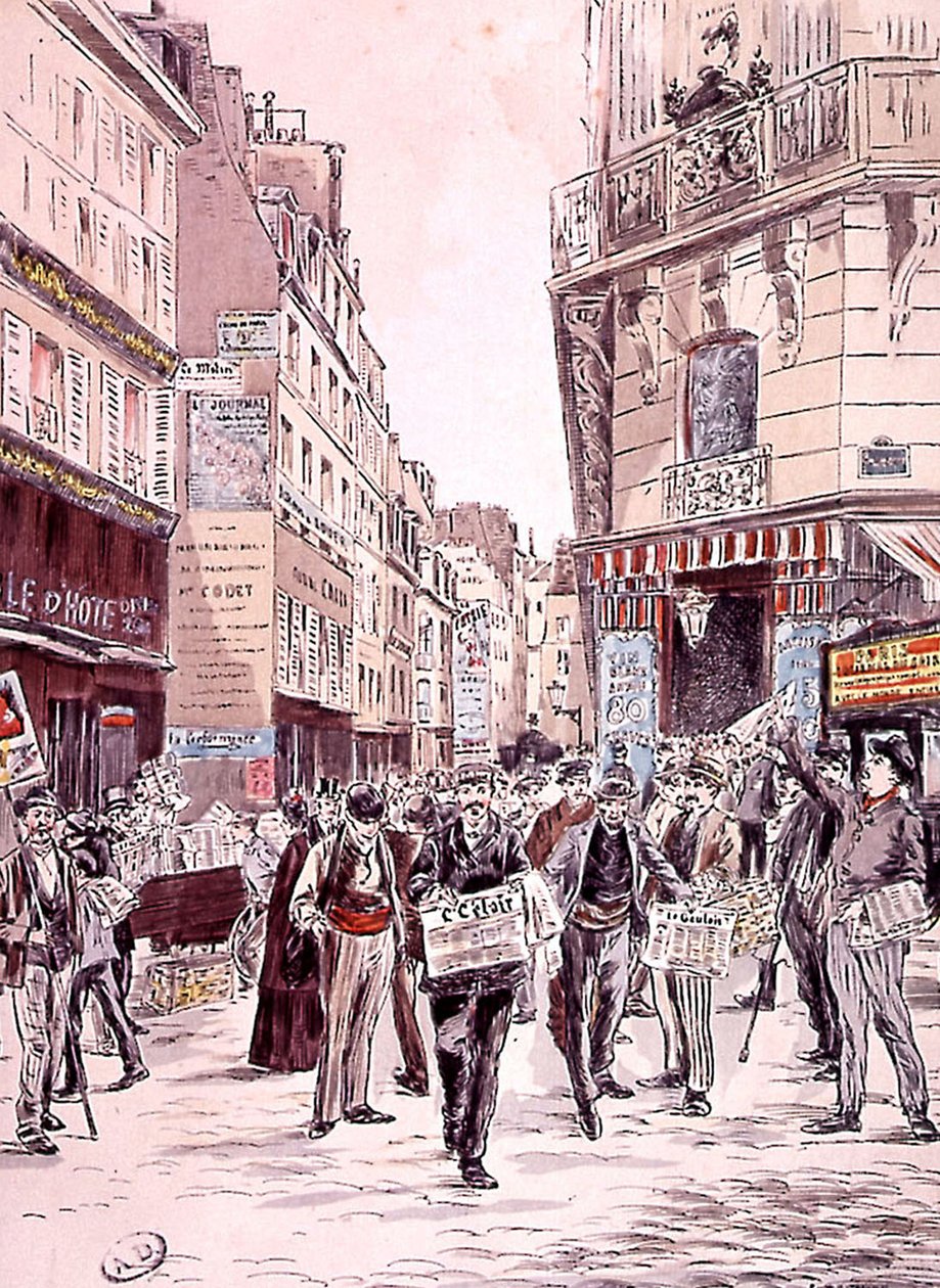 Newsvendors in Streets of Paris in 1893, Engraving by Ernest (after) Grenier
