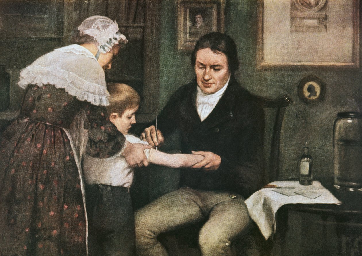 Dr Edward Jenner performing his first vaccination against smallpox on James Phipps, boy of eight, May 14 by Ernest Board