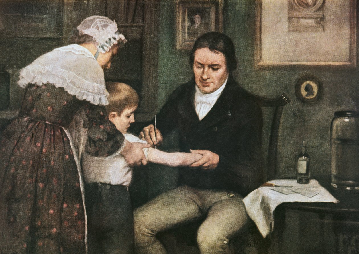 Dr Edward Jenner (1749-1823) performing his first vaccination against smallpox on James Phipps, boy of eight, May 14 by Ernest Board