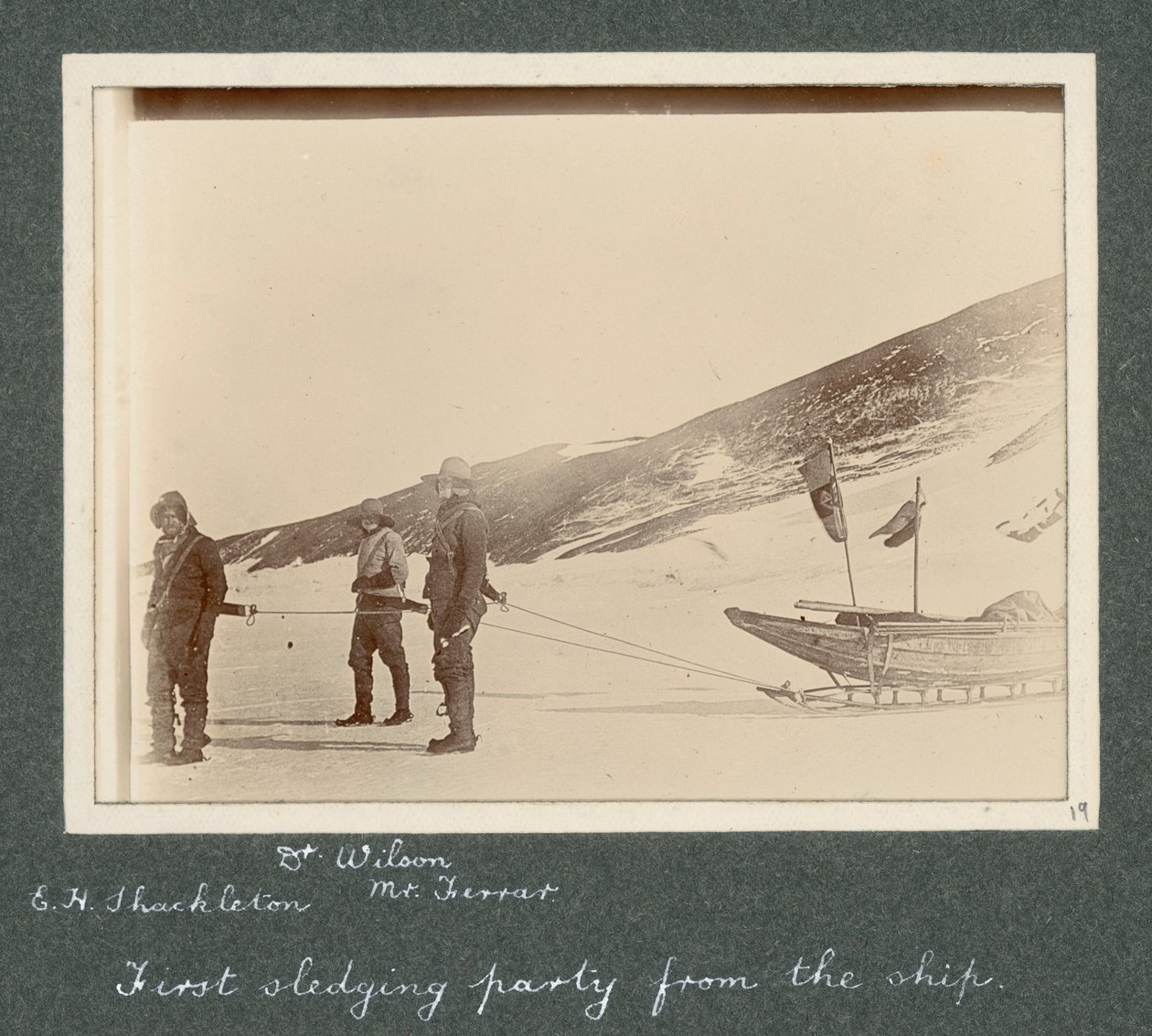 E H Shackleton, Dr Edward Wilson and Mr Hartley Ferrar in harness to the sledge. From album by Sir Ernest Henry Shackleton entitled National Antarctic Expedition (1901-1903) by Ernest Henry Shackleton
