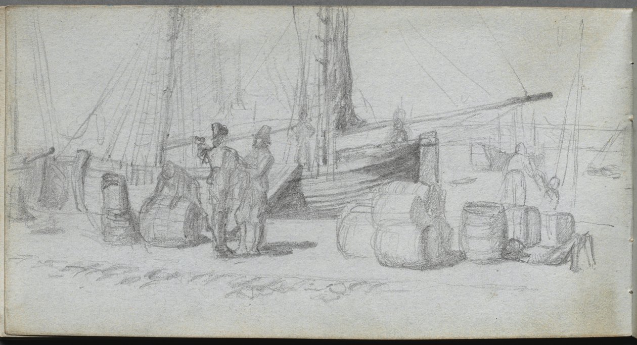 Sketchbook, page 50: Boats, Figures, Cargo on a Beach by Ernest Meissonier