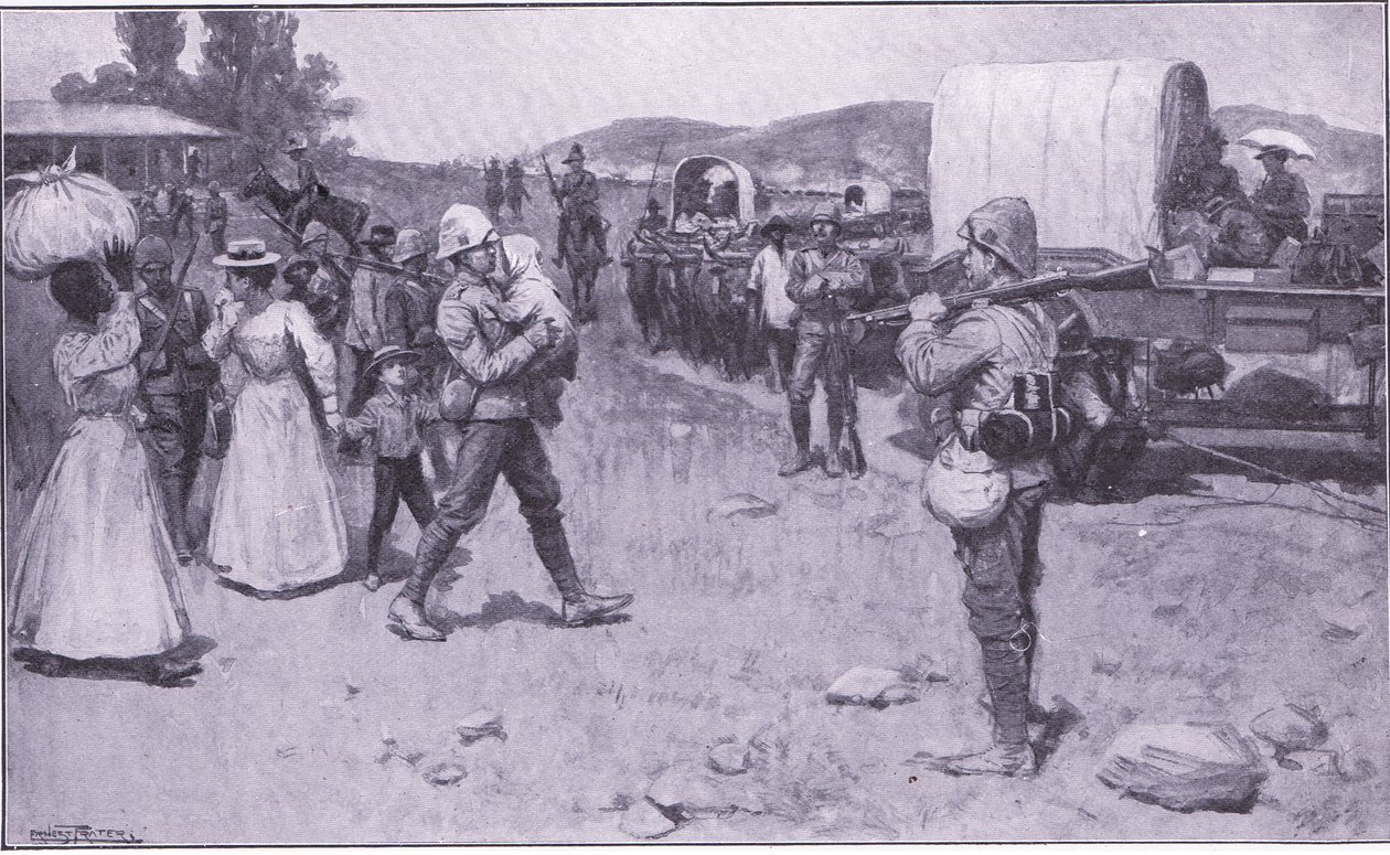 British soldiers assisting Boer refugees (illustration from After Pretoria: The Guerilla War, 1902) by Ernest Prater