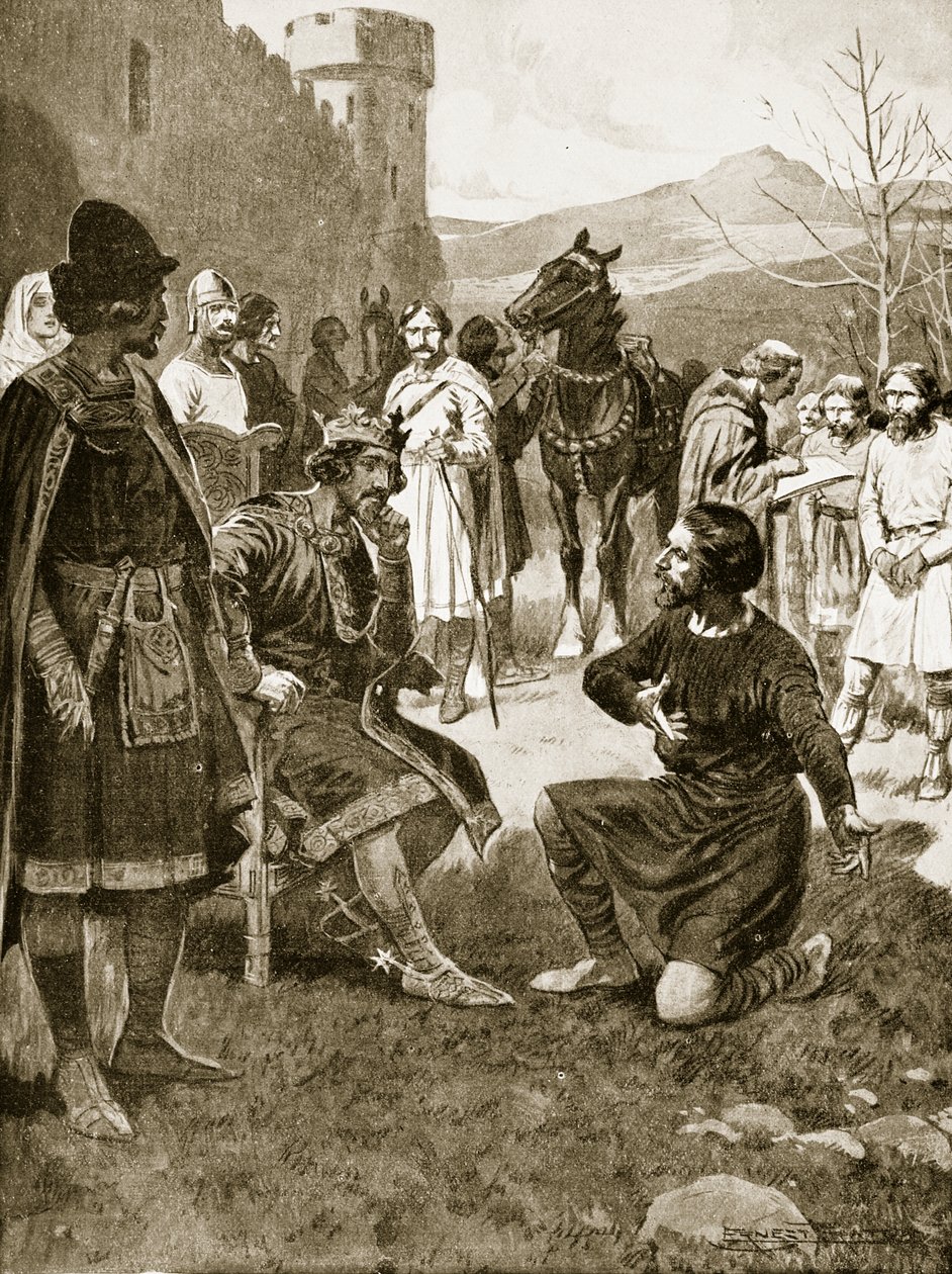 David, King of Scots, dispenses Justice, illustration from 