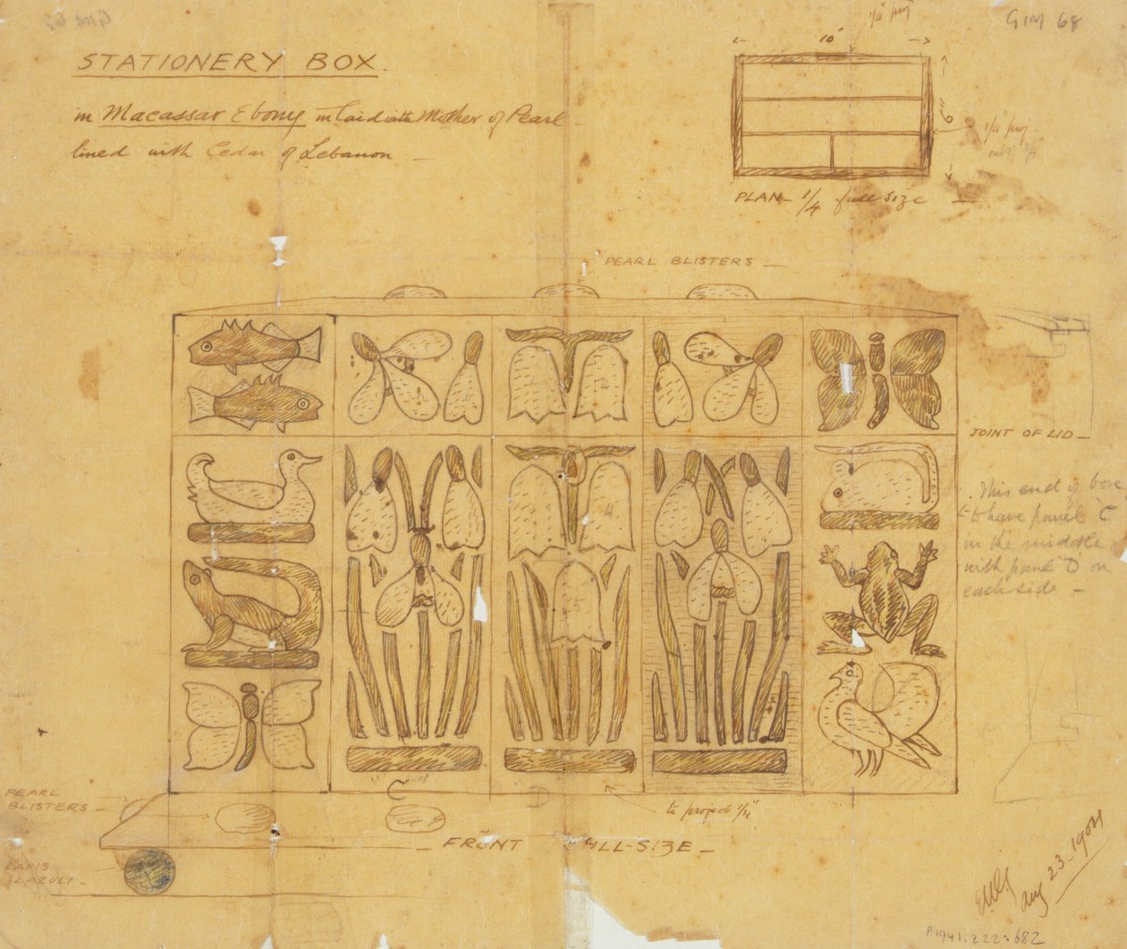 Design for Stationery Box in Macassar Ebony inlaid with Mother of Pearl by Ernest William Gimson