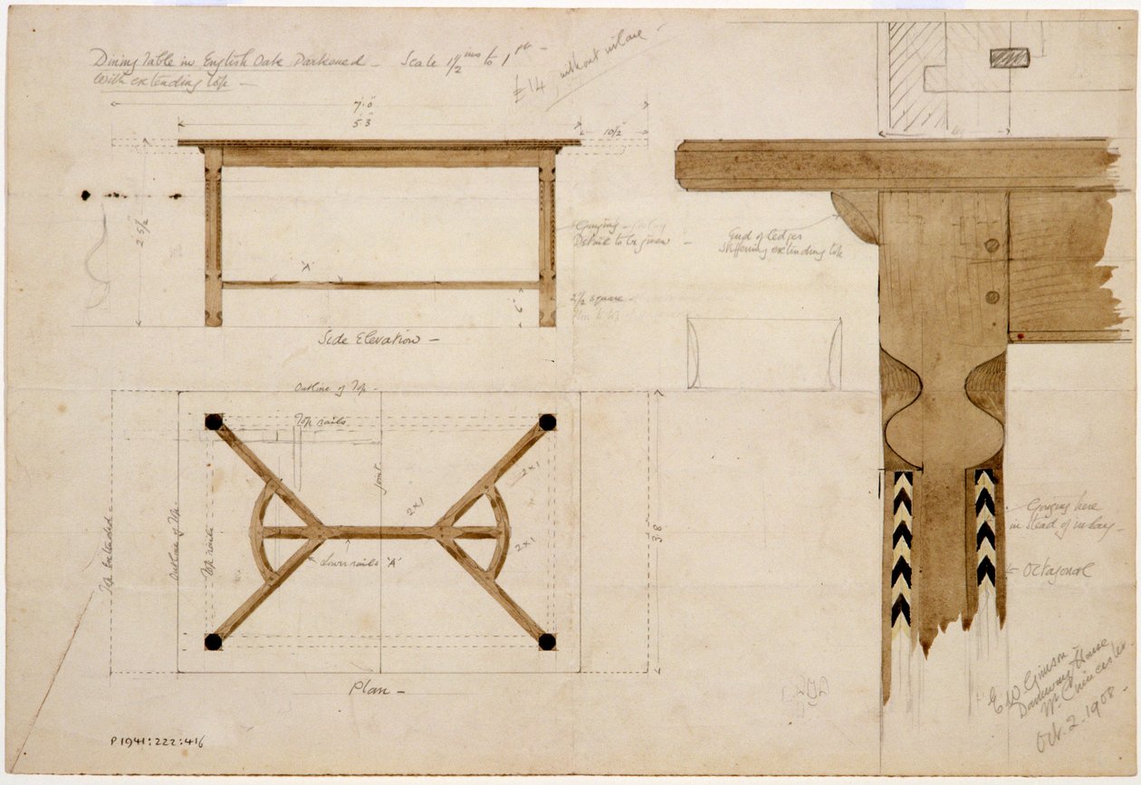 Design for a Dining Table in English Oak, Darkened, with a Hayrake Stretcher, 2nd October 1908 by Ernest William Gimson