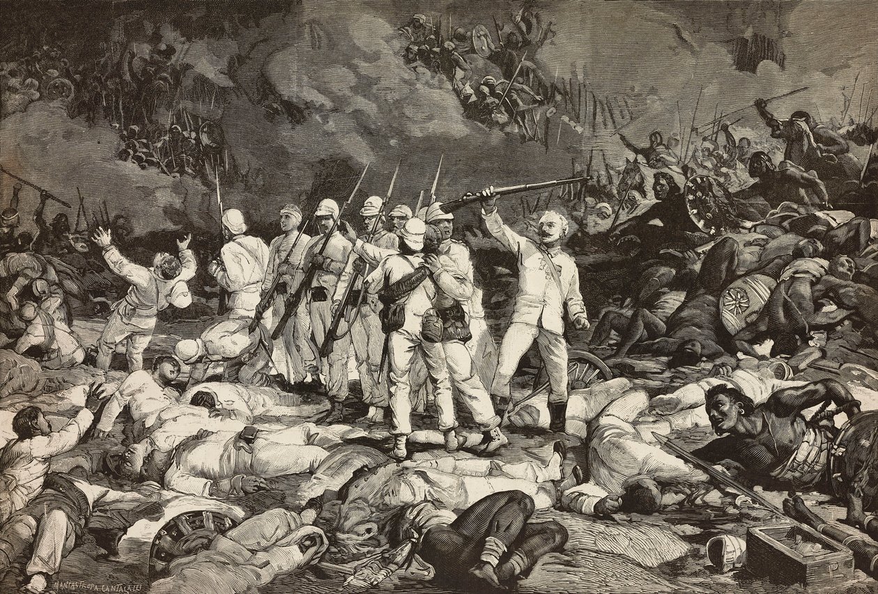 Battle of Dogali, last survivors presenting arms, saluting fallen, Eritrean War by Ernesto Mancastroppa