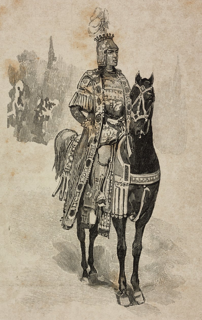Duke of Aosta Emanuele Filiberto of Savoy in costume of Umberto Biancamano at Villa Borghese tournament for silver wedding of Umberto I and Margherita of Savoy, Rome, Italy by Ernesto Mancastroppa