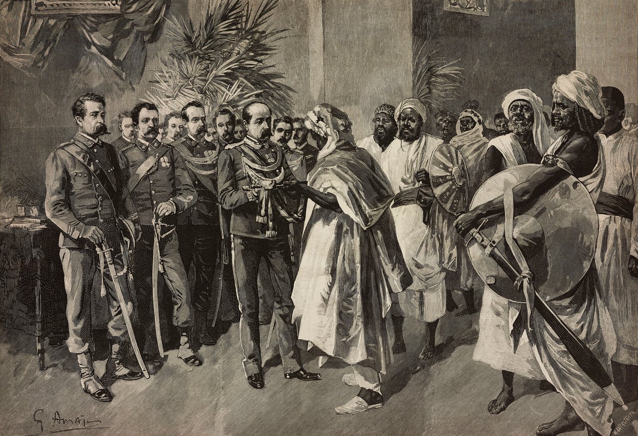 General Tancredi Saletta offering sword to Kantibai, Chief of Abab, Massawa, Eritrean War, engraving by Ernesto Mancastroppa from drawing by G Amato, from L