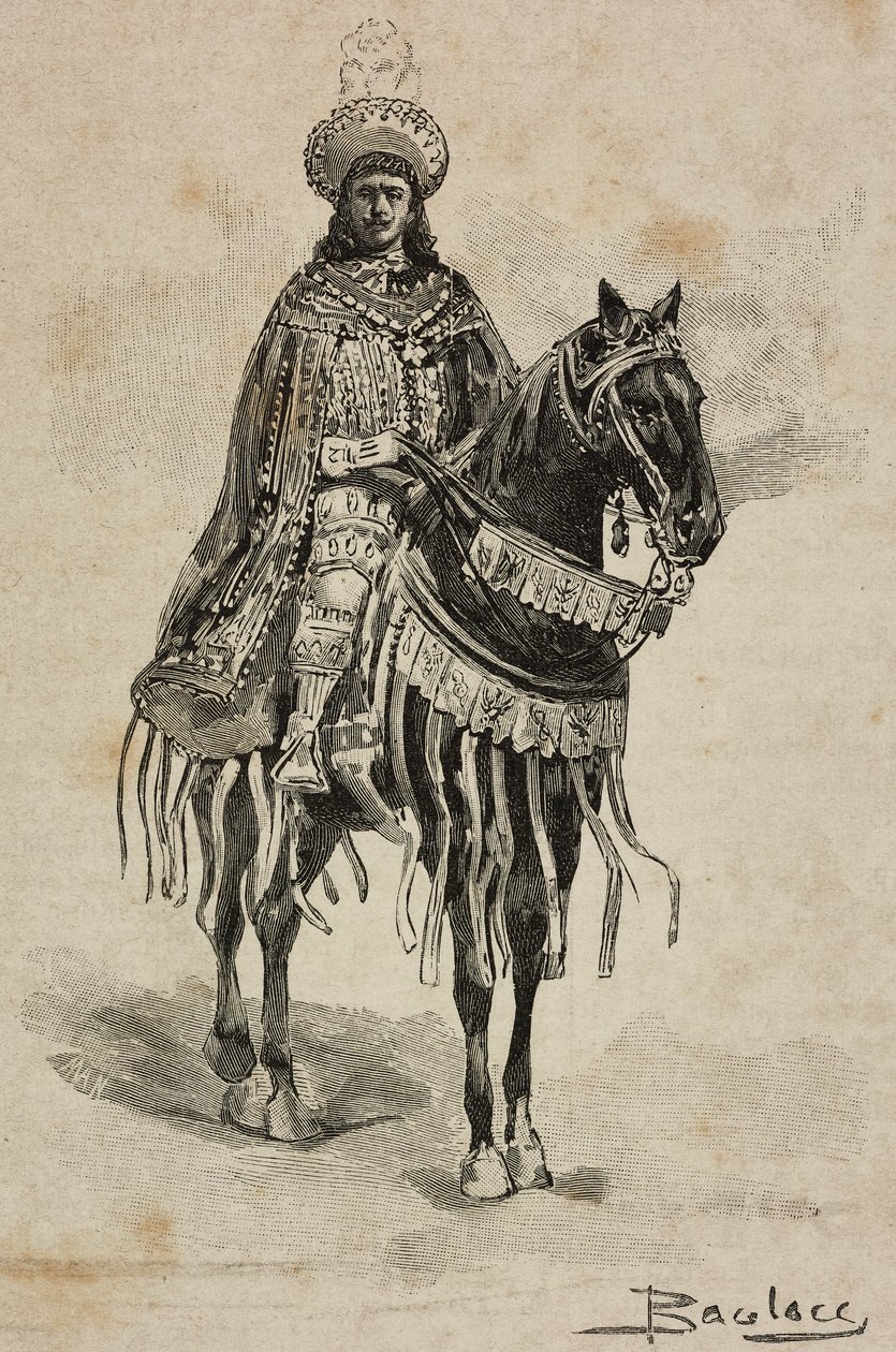 Prince of Naples in Costume of Grand Master of Order of Annunciation at Villa Borghese Tournament on Occasion of Silver Wedding of Umberto I and Margherita of Savoy, Rome, Italy by Ernesto Mancastroppa