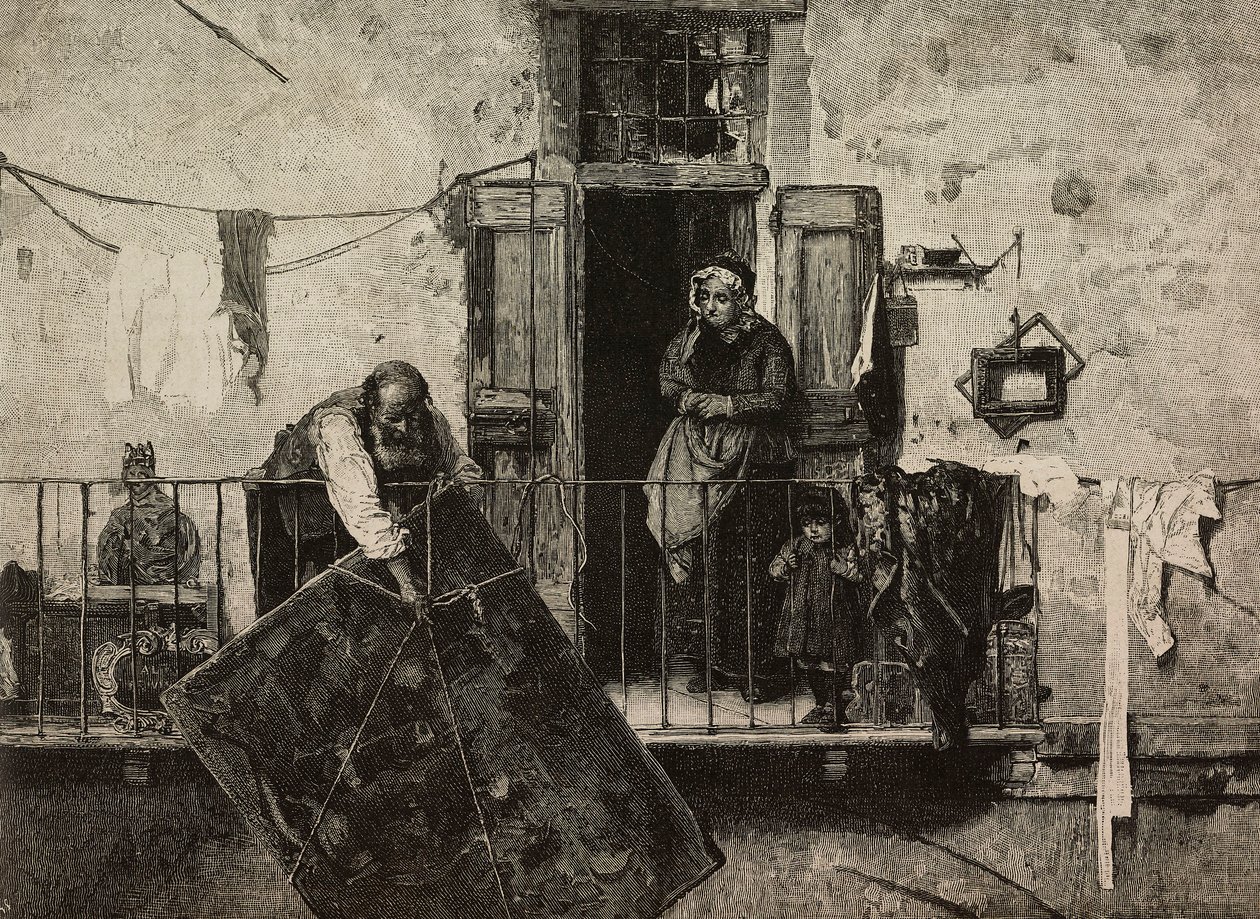 Saint Michael, Exhibition of Fine Arts in Venice, Italy, engraving by Ernesto Mancastroppa from painting by Gerolamo Induno, from L