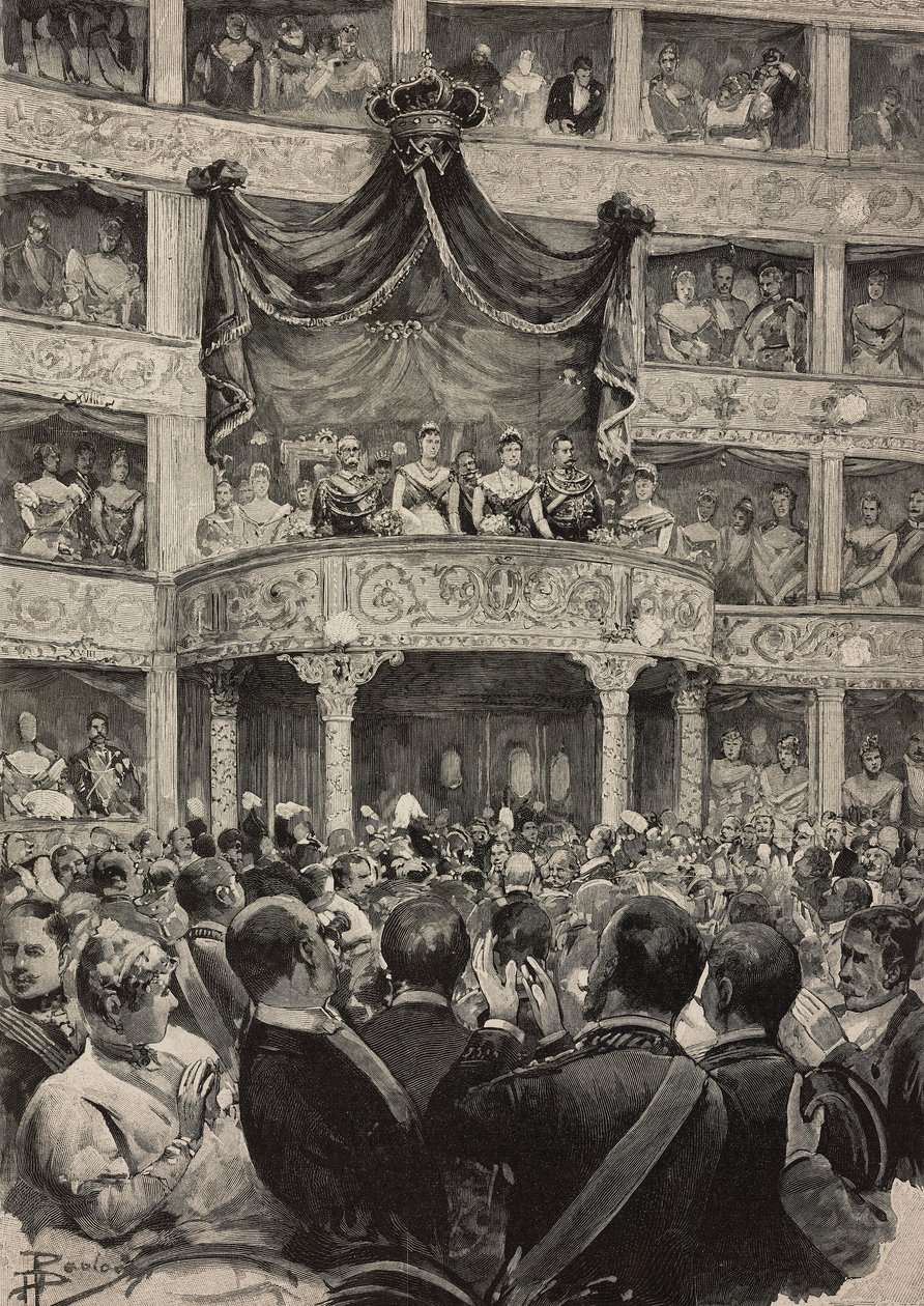 Umberto I and Margherita of Savoy with German sovereigns at Teatro Argentina for silver wedding celebrations, April 21 by Ernesto Mancastroppa