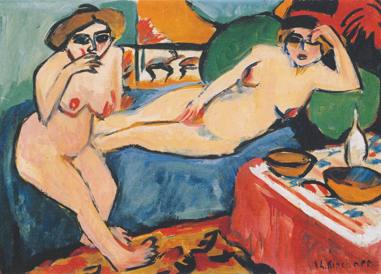 Two Nudes on Blue Sofa by Ernst Ludwig Kirchner