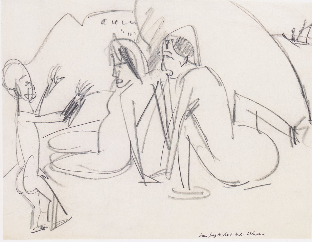 Two Women and Sculpture on the Beach by Ernst Ludwig Kirchner