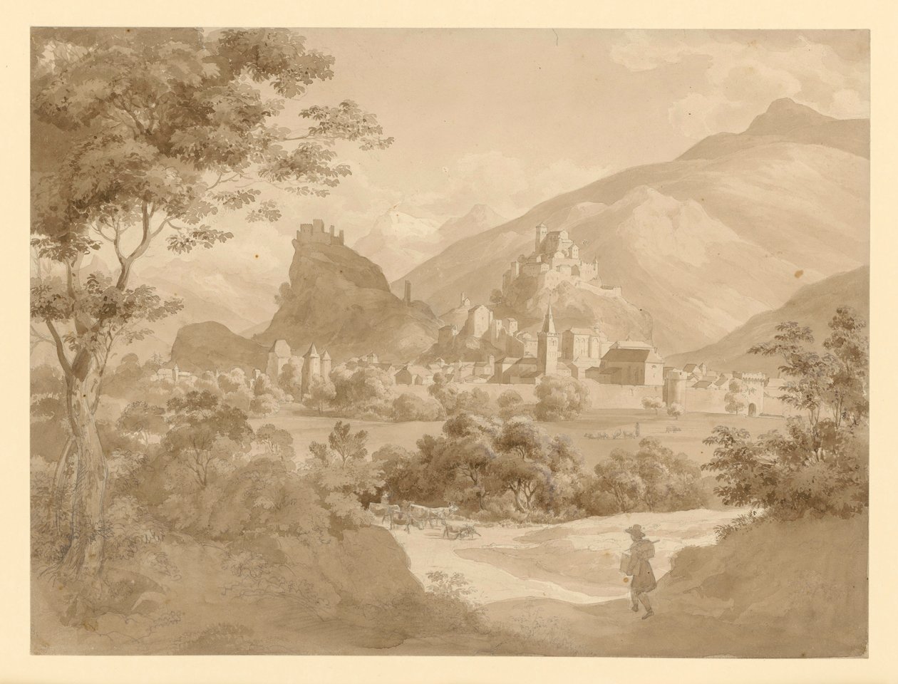 View of a Small Fortified Town and Two Castles in Mountain Landscape, with a Painter in the Foreground by Ernst Fries