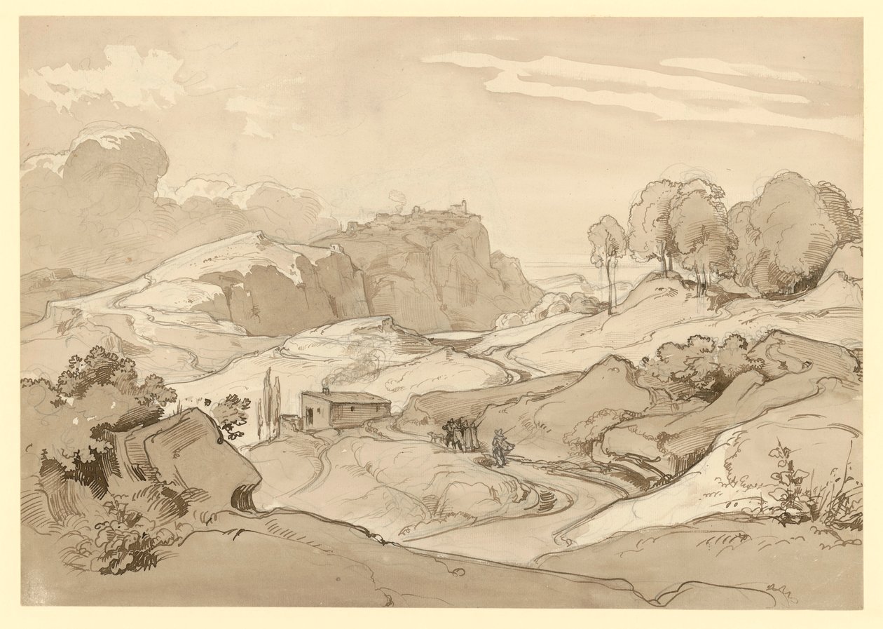 Italian Landscape with Rocky Hills and Trees, a Hut and Figures by the Path by Ernst Fries