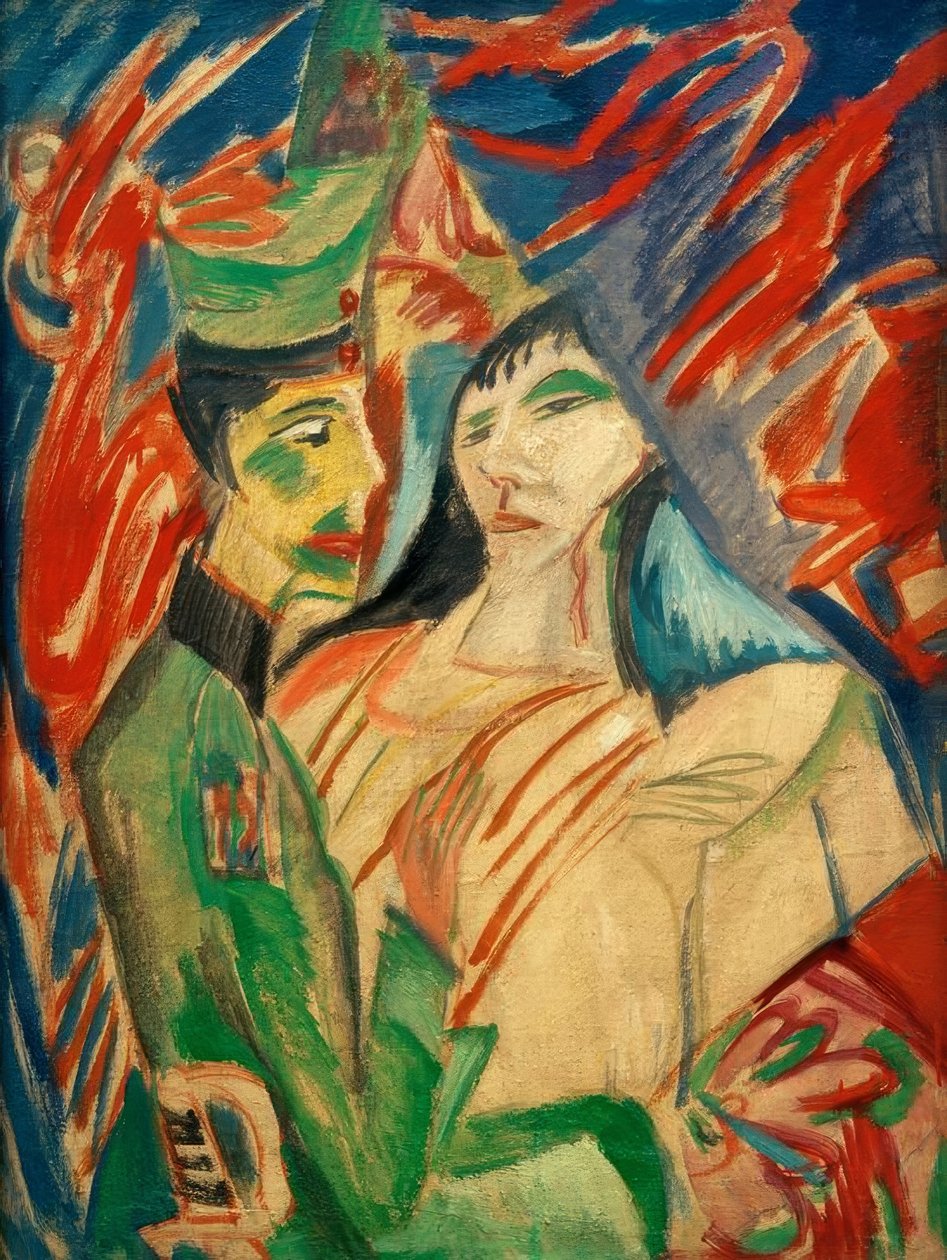 Soldier and Girl Between Colorful Curtains by Ernst Ludwig Kirchner