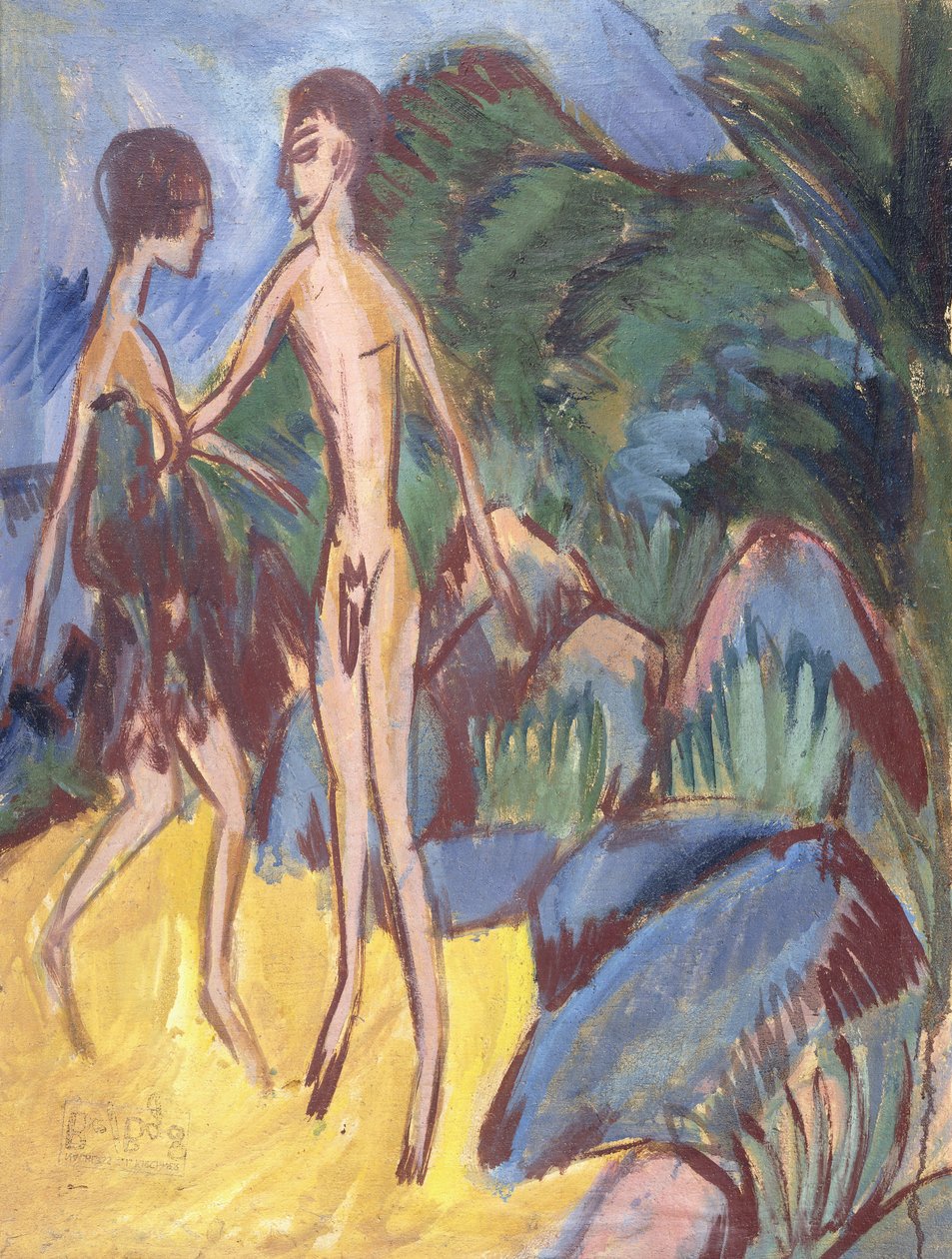 Youth and Naked Girl on Beach by Ernst Ludwig Kirchner