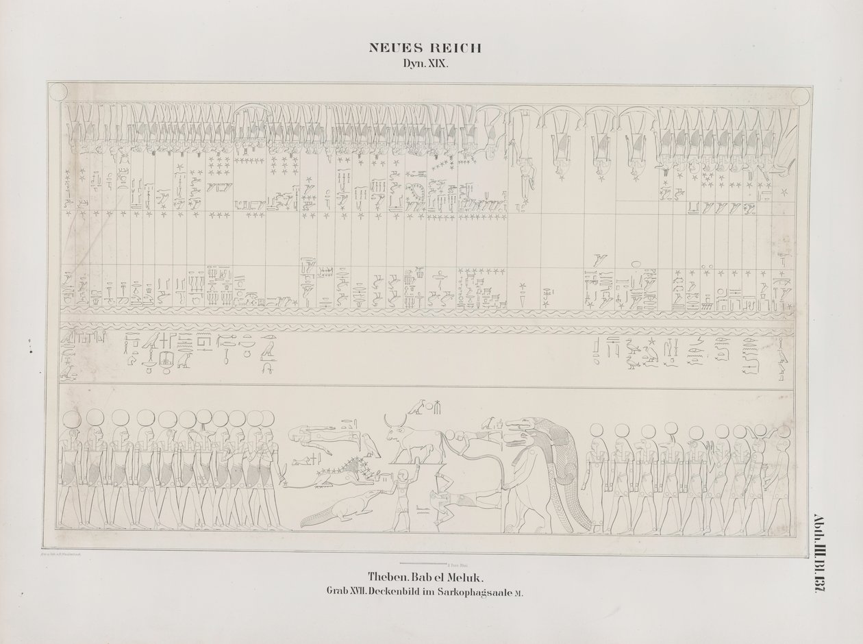 Drawing of the Ceiling Painting in the Sarcophagus Hall, 19th Dynasty, Thebes, Biban-el-Muluk, New Kingdom, illustration from Monuments to Egypt and Ethiopia, by Richard Lepsius by Ernst Weidenbach