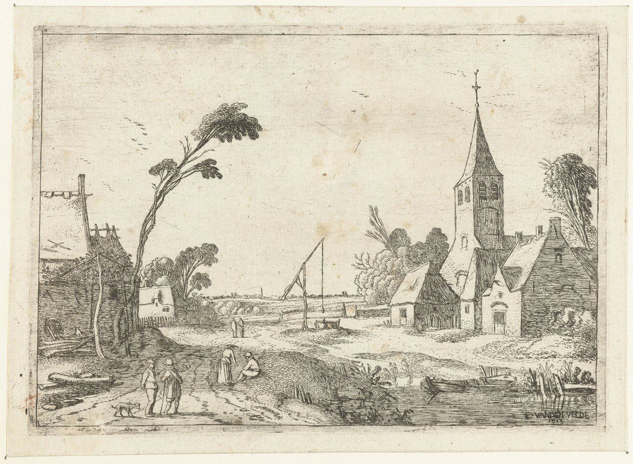 Village Scene with Farms, Church, and Well by Esaias van de Velde