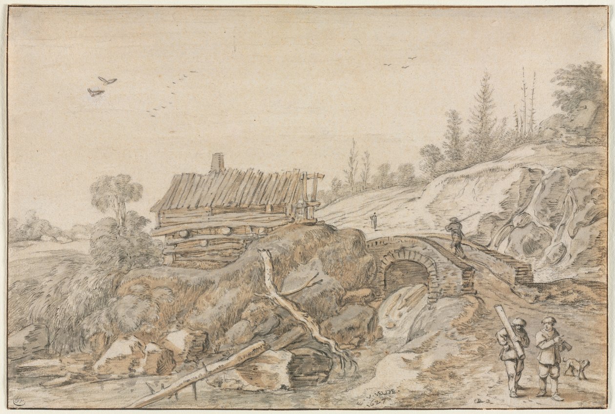 Hilly Landscape with Hut Beside a Stream by Esaias van de Velde
