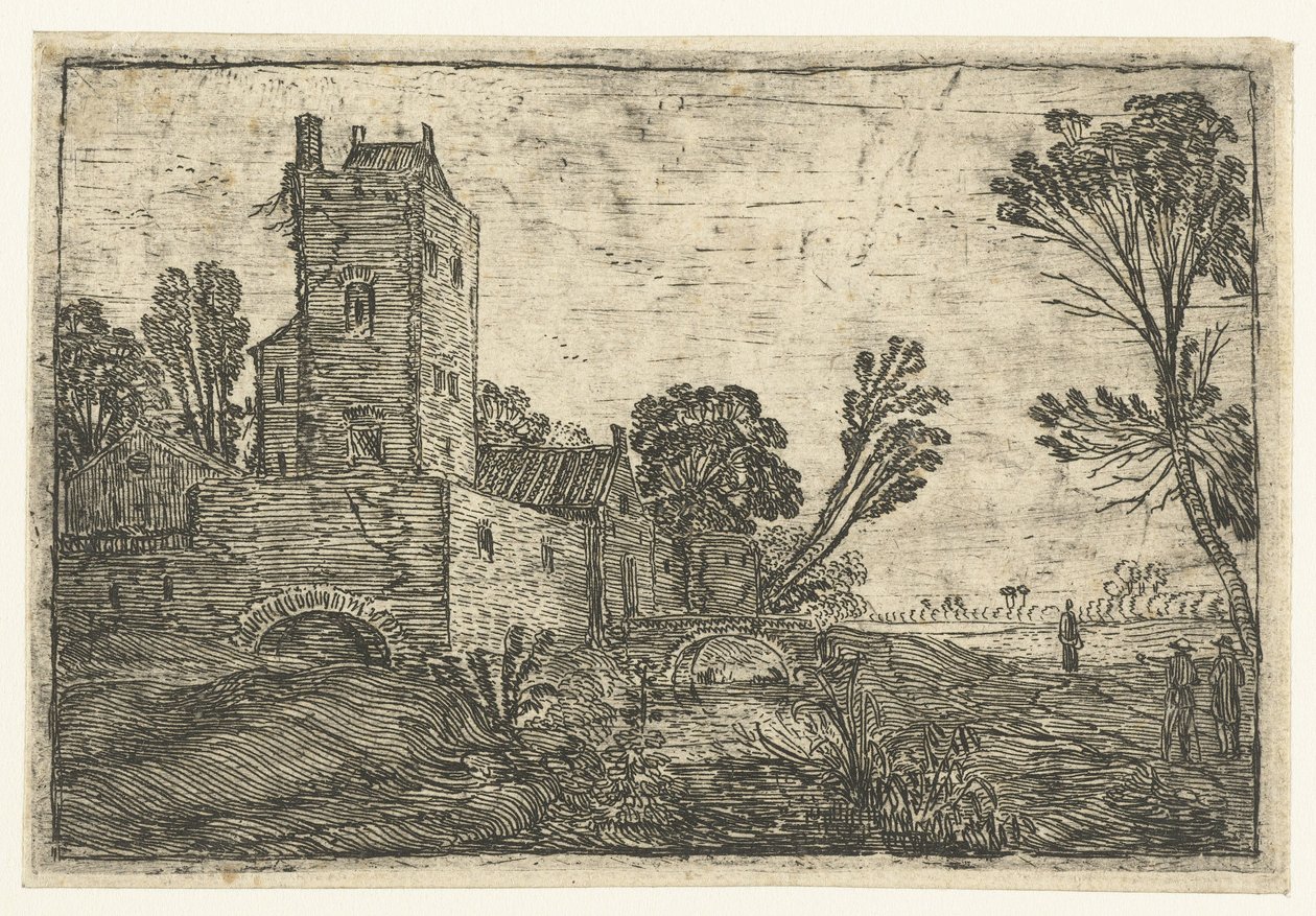 High square tower behind a wall by a canal by Esaias van de Velde